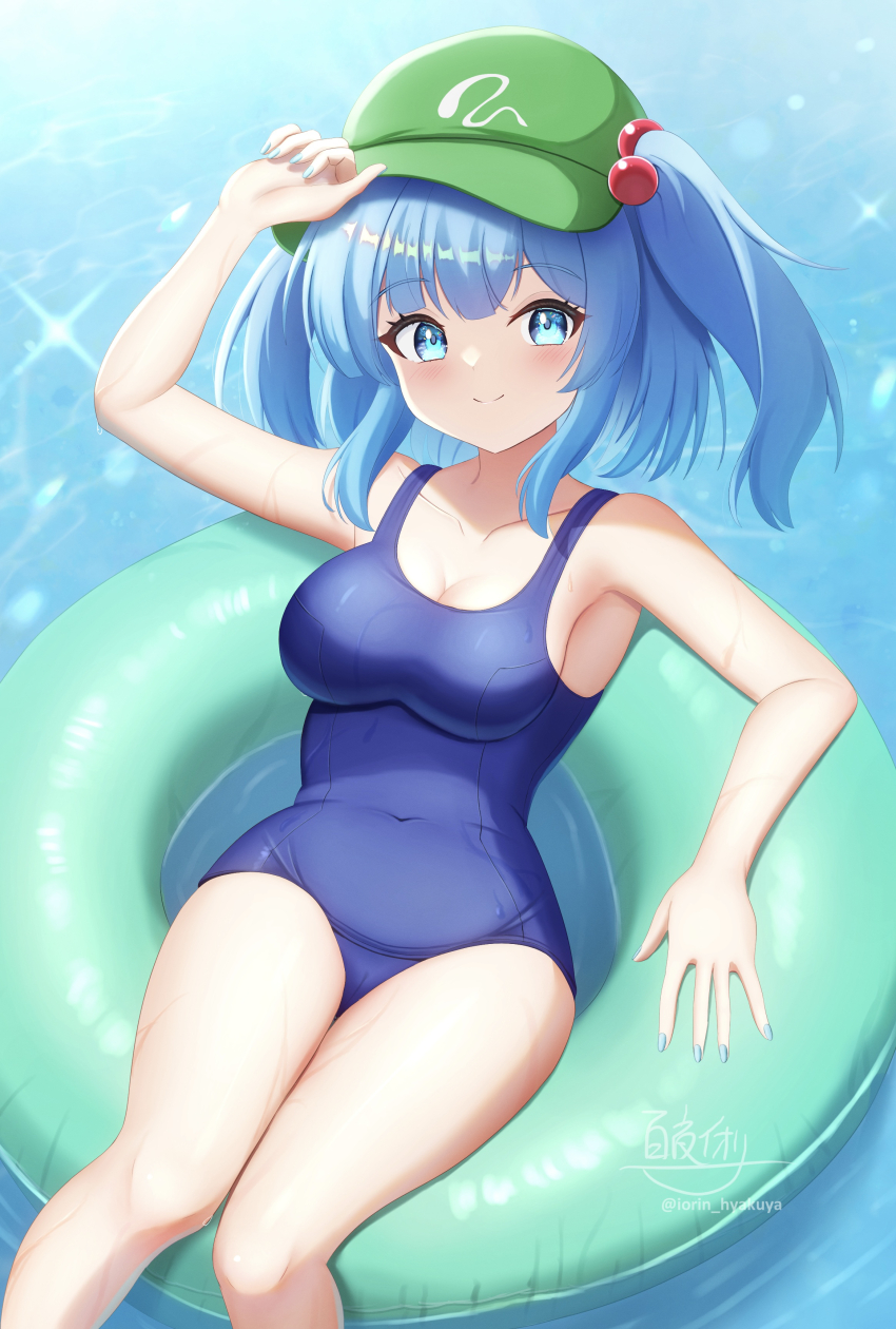 1girl absurdres blue_eyes blue_hair blue_nails blue_one-piece_swimsuit blush breasts covered_navel green_innertube hair_bobbles hair_ornament hand_on_headwear hat highres hyakuya_iori innertube kawashiro_nitori large_breasts light_blush old_school_swimsuit on_innertube one-piece_swimsuit school_swimsuit signature smile solo swim_ring swimsuit thighs touhou two_side_up water