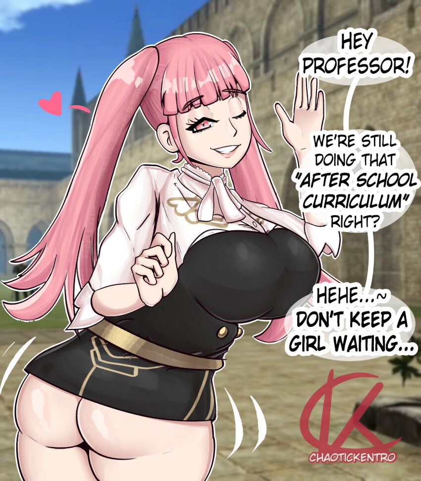 1girl artist_name ass breasts castle chaotickentro english_text fire_emblem fire_emblem:_three_houses heart_(symbol) highres hilda_valentine_goneril huge_breasts nintendo no_panties one_eye_closed pink_eyes pink_hair public_indecency speech_bubble teeth thick_thighs thighs twintails upskirt waving wink