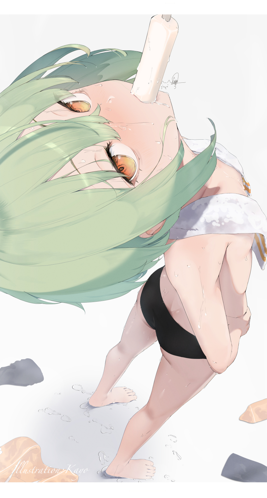 1girl absurdres bare_shoulders black_panties blush breasts butt_crack chunithm expressionless food from_above green_eyes hands_on_own_hips highres kisaragi_yaya looking_at_viewer mouth_hold panties popsicle simple_background sky_feather_(chunithm) small_breasts solo towel towel_around_neck underwear white_background yellow_eyes