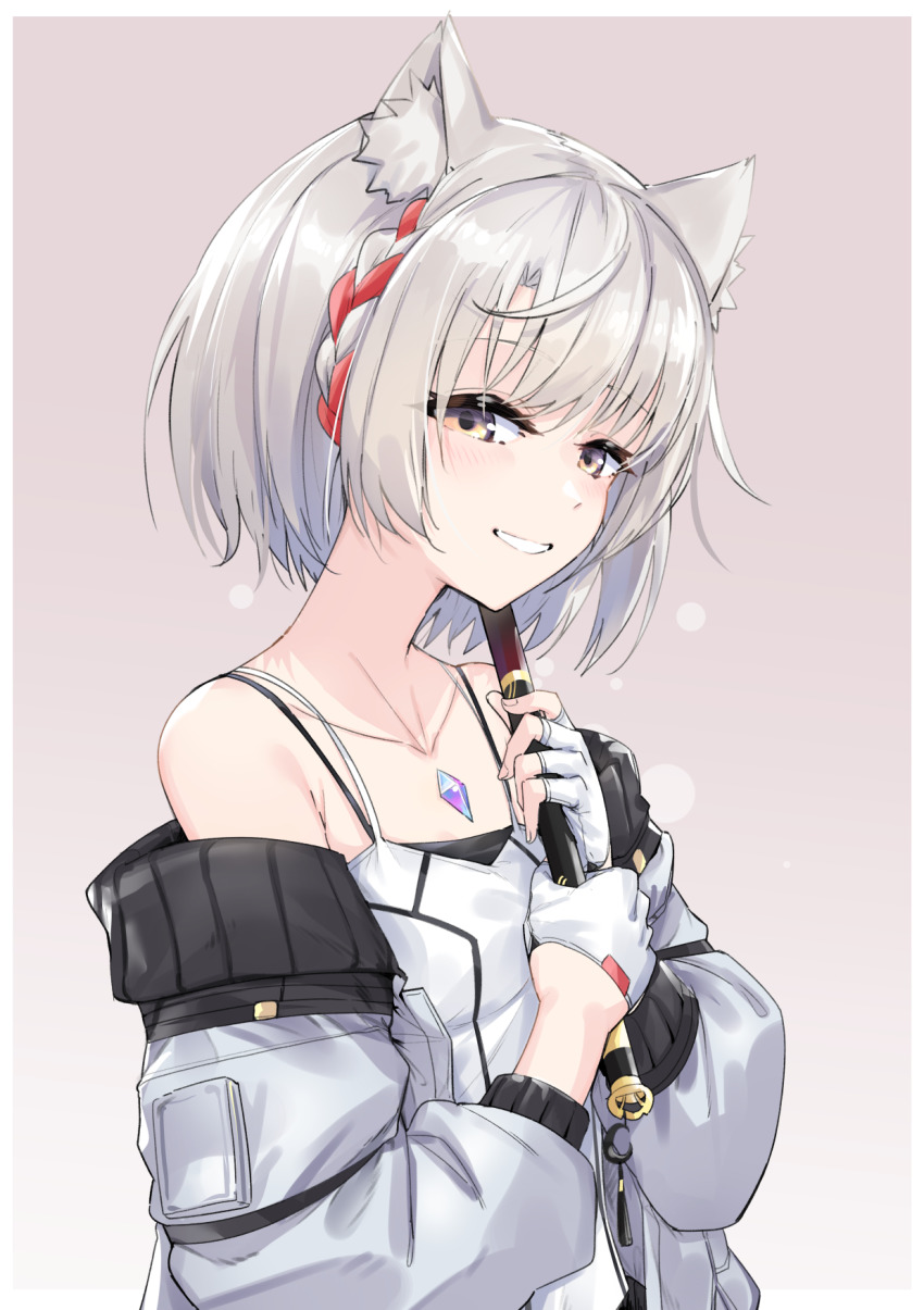 1girl animal_ear_fluff animal_ears bob_cut breasts brown_background cat_ears collarbone flute gloves grey_jacket grin highres holding holding_instrument instrument jacket long_sleeves mio_(xenoblade) off_shoulder simple_background small_breasts smile solo spaghetti_strap white_gloves white_hair xenoblade_chronicles_(series) xenoblade_chronicles_3 yellow_eyes zooanime