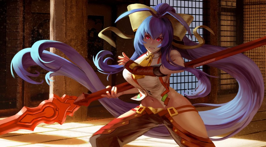 1girl absurdly_long_hair absurdres antenna_hair backlighting black_gloves black_pants blazblue blazblue:_cross_tag_battle blue_hair bow breasts dudeunderscore female_focus fighting_stance fingerless_gloves genderswap genderswap_(mtf) gloves hair_ribbon halterneck highres hip_vent holding holding_behind_back holding_weapon indoors large_breasts long_hair lowleg lowleg_pants mai_natsume making-of_available navel no_bra outseal pants pink_eyes polearm ponytail revealing_clothes ribbon sideboob sleeveless solo spear twitter_username very_long_hair weapon yellow_bow yellow_ribbon zipper_pull_tab