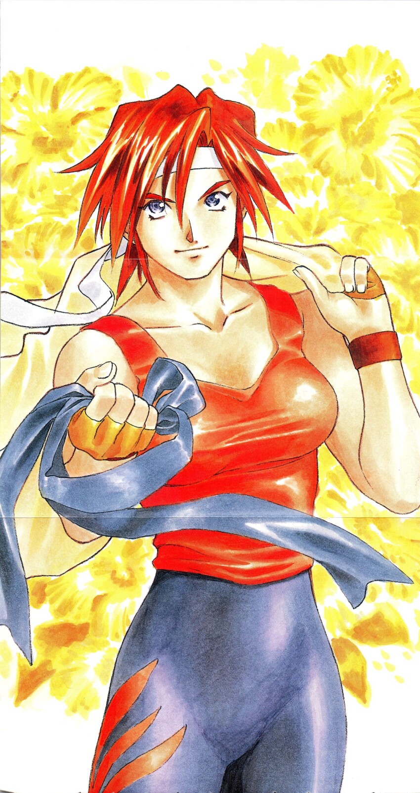 1girl absurdres bare_arms bare_shoulders black_pants breasts clenched_hand closed_mouth collarbone cowboy_shot crease fingerless_gloves fingernails floral_background flower gloves headband highres holding holding_jacket holding_unworn_clothes jacket kirishima_kanna legs_together looking_at_viewer martial_arts_belt matsubara_hidenori medium_breasts official_art orange_gloves pants poster_(medium) print_pants purple_eyes red_hair red_tank_top sakura_taisen saturated scan scan_artifacts sega short_hair smile spiked_hair standing tall_female tank_top third-party_source traditional_media unworn_jacket white_headband yellow_flower yellow_jacket