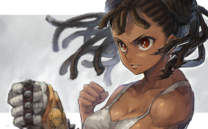 1girl breasts brown_hair cestus_(sekaiju) cestus_4_(sekaiju) cleavage clenched_hands dark-skinned_female dark_skin dreadlocks etrian_odyssey fighting_stance gloves goeppe grin hands_up highres large_breasts motion_lines red_eyes sekaiju_no_meikyuu sekaiju_no_meikyuu_5 single_glove smile solo sweat sweatdrop tank_top taped_fingers