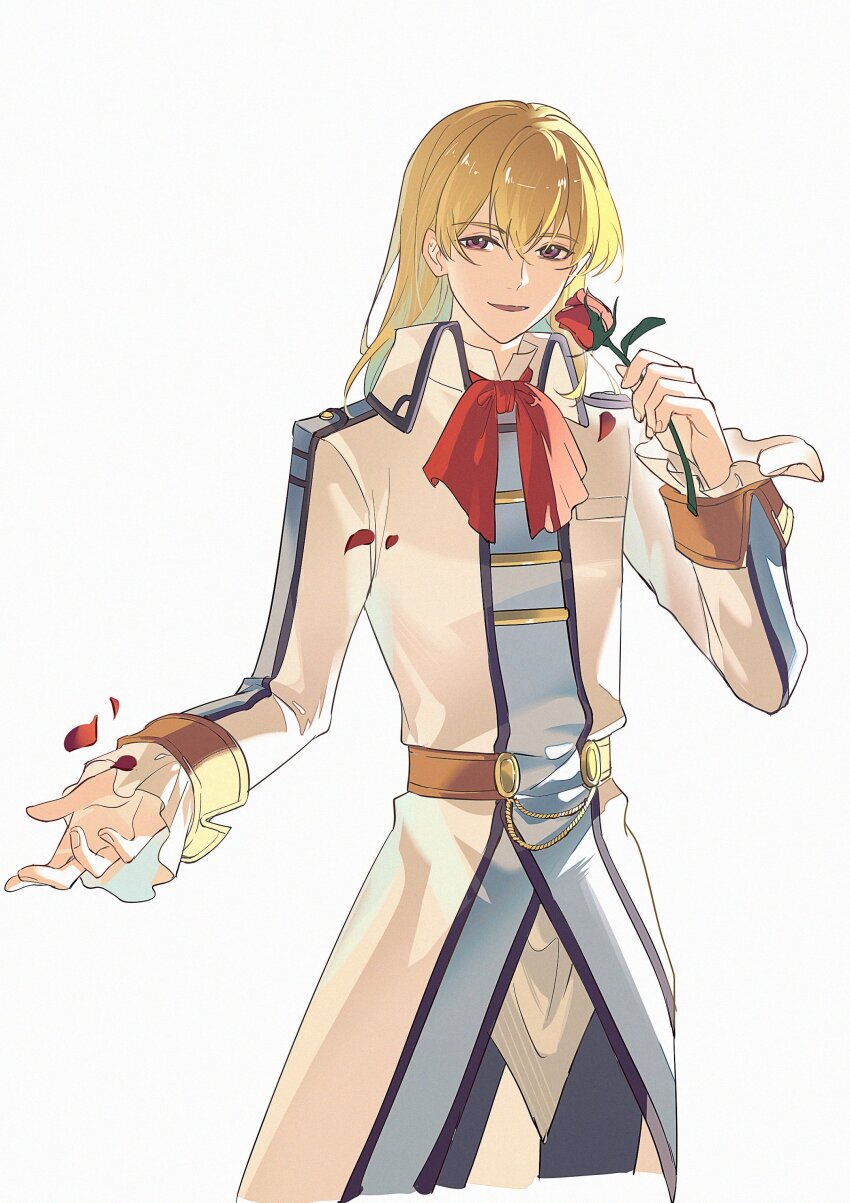 1boy absurdres brown_eyes coat double-parted_bangs eien_galaxy_ko eiyuu_densetsu falling_petals flower hair_between_eyes highres holding holding_flower long_hair long_sleeves neckerchief olivert_reise_arnor petals red_neckerchief rose simple_background smile solo sora_no_kiseki white_background