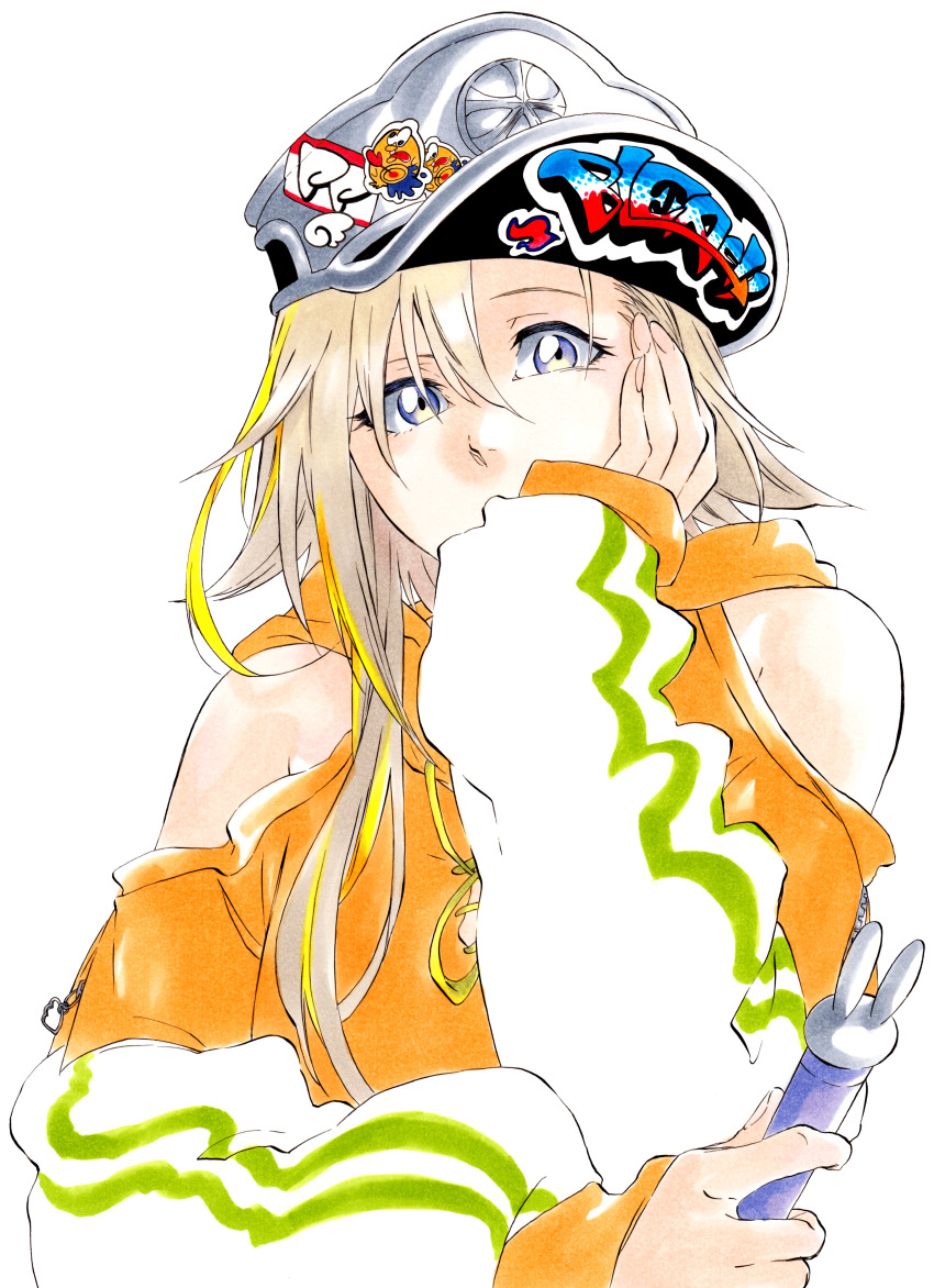 1girl absurdres bare_shoulders bleach blonde_hair clothing_cutout copyright_name covered_mouth drawstring hair_between_eyes hand_on_own_cheek hand_on_own_face hat highres hiyoku_no_crosspiece hood hood_down hoodie ieiri_popo ken&#039;ichi_(ken1ro_u) long_sleeves looking_at_viewer military_hat multicolored_hair nanashi_inc. orange_hoodie pez purple_eyes raised_eyebrow short_hair_with_long_locks shoulder_cutout sleeves_past_wrists solo sticker streaked_hair two-tone_hair upper_body virtual_youtuber wandenreich_uniform white_background white_sleeves