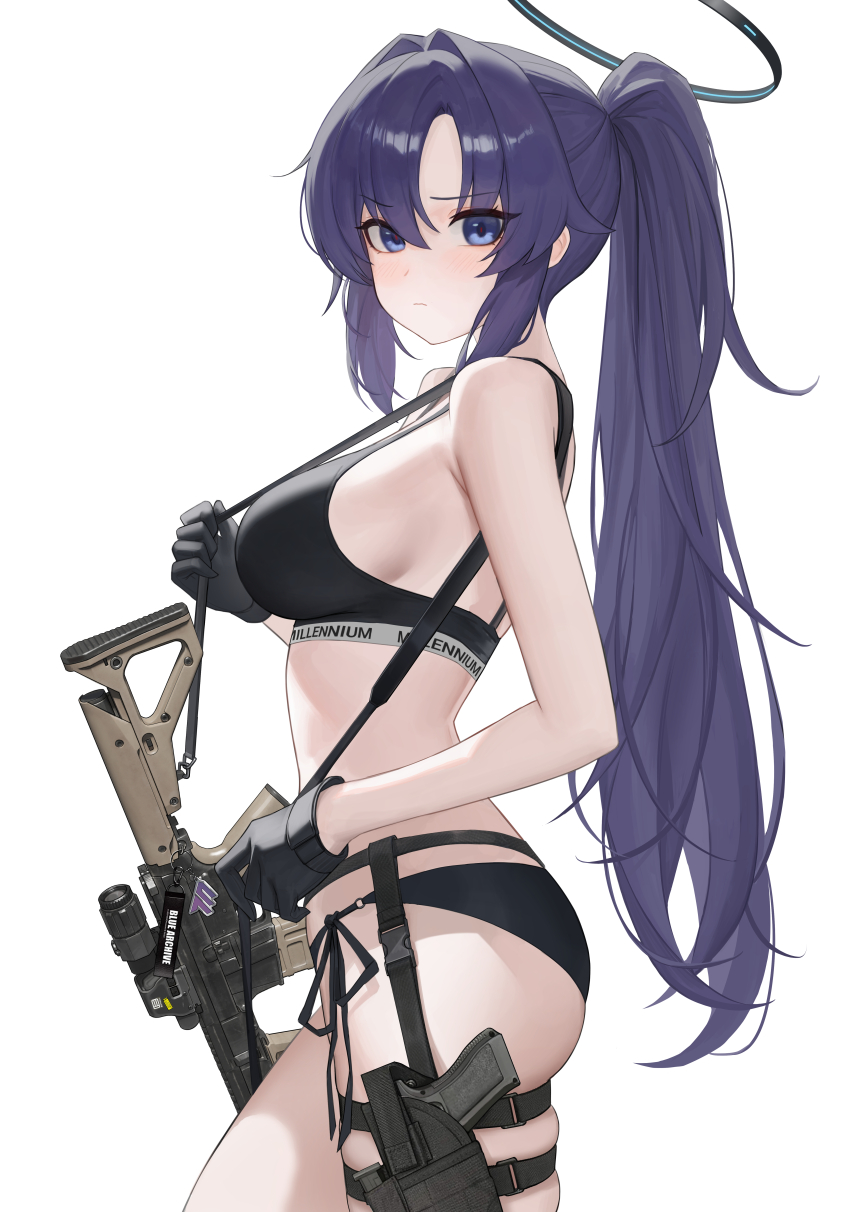 1girl absurdres alternate_costume alternate_hairstyle bikini bikini_bottom_only black_bikini black_gloves black_halo black_sports_bra blue_archive blue_eyes blue_hair breasts closed_mouth commentary_request cowboy_shot gloves gun hair_intakes halo handgun heine_(haloo1101) highres holster long_hair looking_at_viewer mechanical_halo medium_breasts ponytail side-tie_bikini_bottom sideboob simple_background solo sports_bra swimsuit thigh_holster thighs weapon weapon_case weapon_request white_background yuuka_(blue_archive)