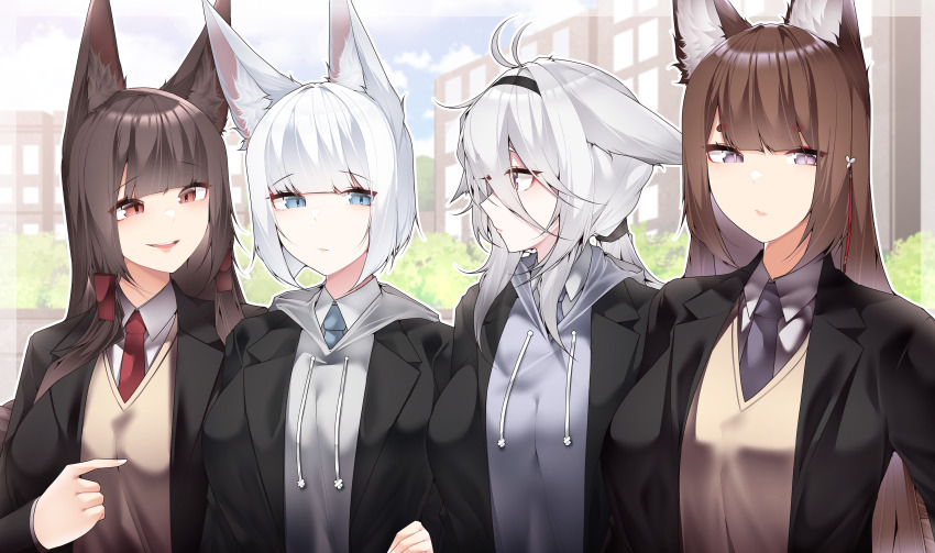 4girls absurdres akagi_(azur_lane) alternate_costume amagi_(azur_lane) animal_ear_fluff animal_ears azur_lane black_hairband black_jacket black_necktie blazer blue_eyes blue_necktie brown_hair brown_sweater building bush closed_mouth collared_shirt commentary_request dated_commentary day eyeliner floppy_ears fox_ears fox_girl grey_hair grey_hoodie hair_between_eyes hair_ornament hairband highres hood hoodie jacket kaga_(azur_lane) long_hair looking_at_another looking_at_viewer low_ponytail makeup multiple_girls necktie outdoors parted_lips pointing pointing_at_another ponytail purple_eyes red_eyeliner red_eyes red_necktie red_pupils samip school_uniform shirt short_hair siblings side-by-side sisters sunlight sweater tosa_(azur_lane) upper_body white_hair white_shirt