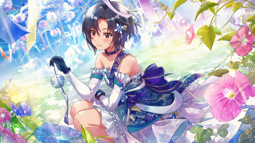 1girl black_eyes black_gloves black_hair bow choker closed_mouth commentary_request dress dress_bow floral_print_dress flower game_cg gloves hair_between_eyes hair_flower hair_ornament holding idolmaster idolmaster_(classic) idolmaster_million_live! idolmaster_million_live!_theater_days kikuchi_makoto official_art outdoors pink_flower print_dress purple_choker short_hair smile solo squatting strapless strapless_dress third-party_source