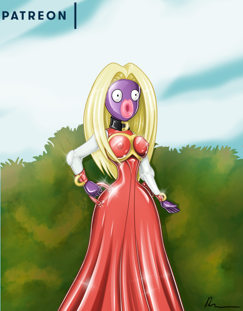 1girl blonde_hair breasts bush collar cosplay covered_erect_nipples dress gen_1_pokemon gloves highres hypnosis jynx jynx_(cosplay) kris_(pokemon) large_breasts latex latex_collar latex_dress latex_gloves latex_mask lips mind_control nintendo nipples pokemon pokemon_gsc purple_gloves red_dress rosvo shiny_clothes shiny_skin tagme