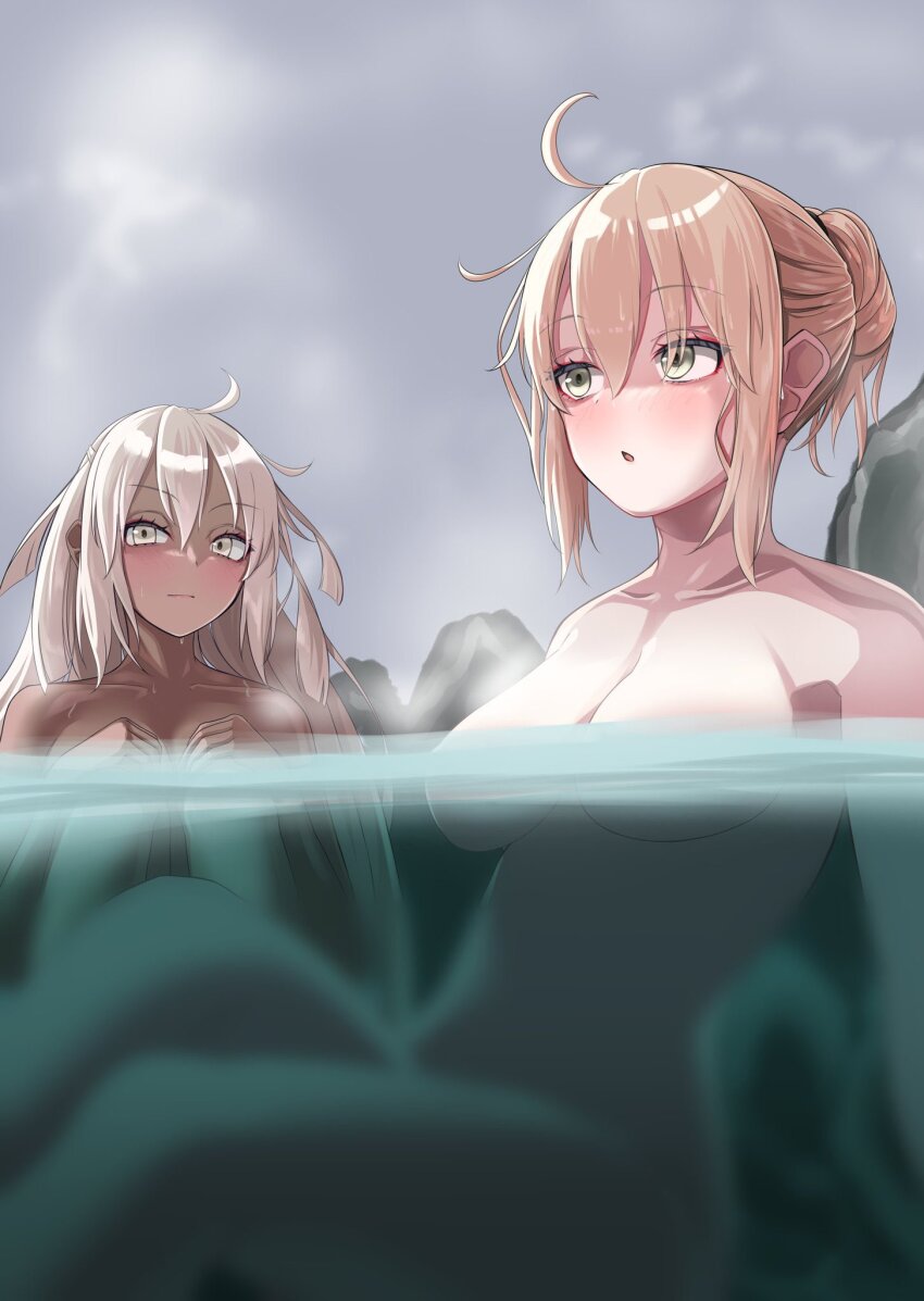 2girls ahoge bathing blonde_hair blush breasts convenient_censoring dark-skinned_female dark_skin fate/grand_order fate_(series) green_eyes hair_bun highres long_hair medium_breasts multiple_girls nigori_(keydoor) nude okita_souji_(fate) okita_souji_alter_(fate) short_hair sitting steam water wet white_hair yellow_eyes
