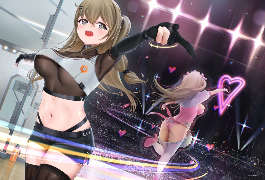 1girl alternate_costume artist_request ass black_shorts blush breasts brown_eyes brown_hair dress from_behind girls&#039;_frontline girls&#039;_frontline_2:_exilium gloves hair_ribbon k2_(girls&#039;_frontline) large_breasts long_hair open_mouth panties ribbon short_dress short_shorts shorts sideboob smile solo thighhighs two_side_up underwear very_long_hair yoohee_(girls&#039;_frontline_2) yoohee_(miracle_sweetheart)_(girls&#039;_frontline_2)
