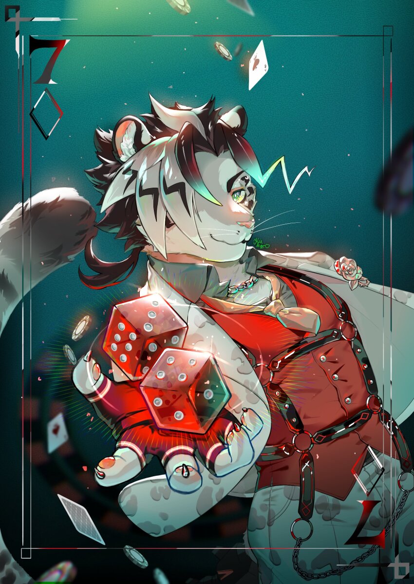 card dice glowing_hot hair_over_eyes harness highres holding holding_dice kiekoio live_a_hero long_tail looking_at_viewer multicolored_hair necktie playing_card poker_chip raizi_(live_a_hero) tail two-tone_hair vest white_vest