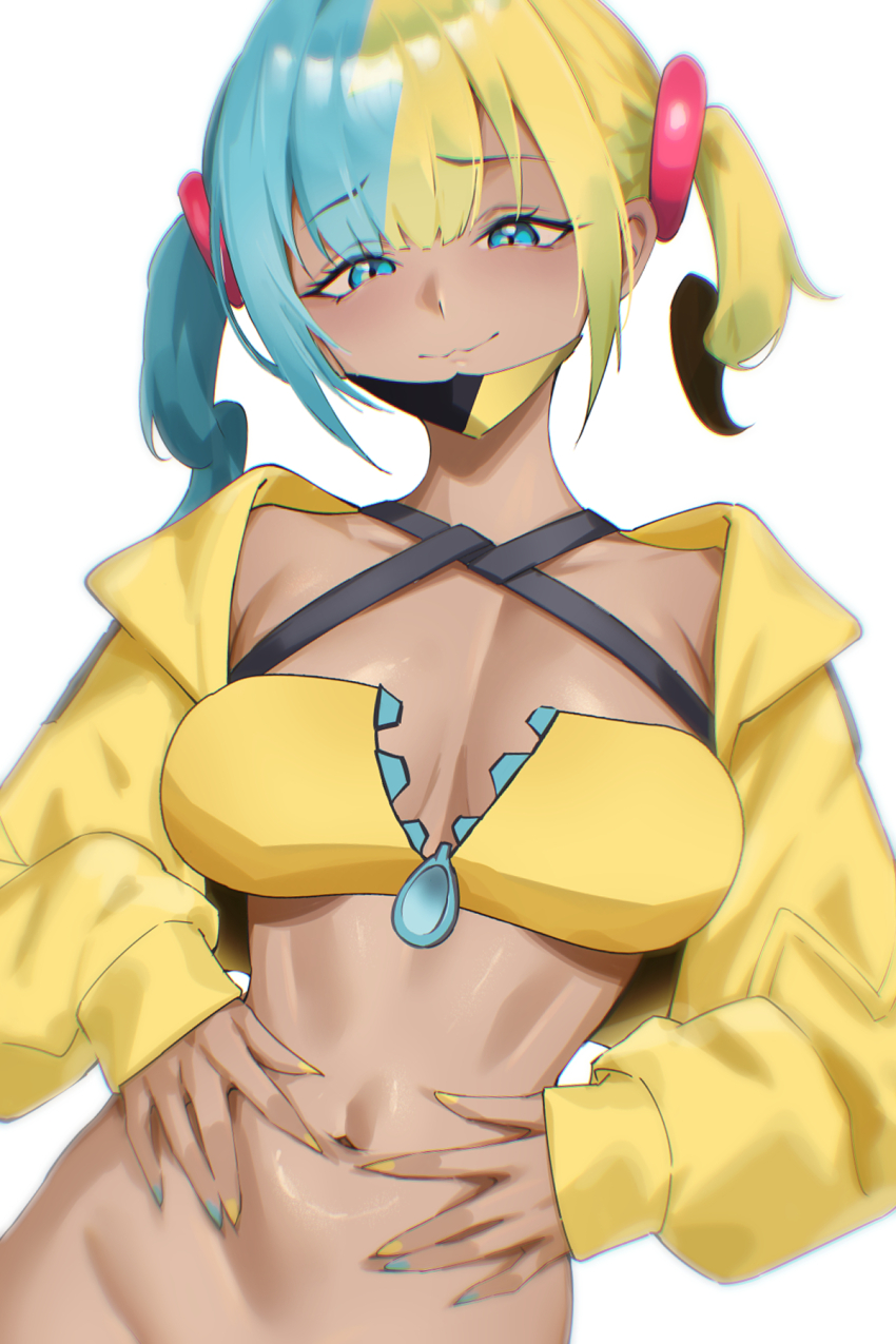 1girl bandeau blonde_hair blue_hair blush bottomless breasts canari_(pokemon) cleavage dark-skinned_female dark_skin ei_(eiei_e1) highres jacket large_breasts long_sleeves looking_at_viewer mask medium_hair mouth_mask multicolored_hair navel nintendo out-of-frame_censoring pokemon pokemon_legends:_z-a purple_eyes smile solo split-color_hair stomach twintails two-tone_mask yellow_bandeau yellow_jacket