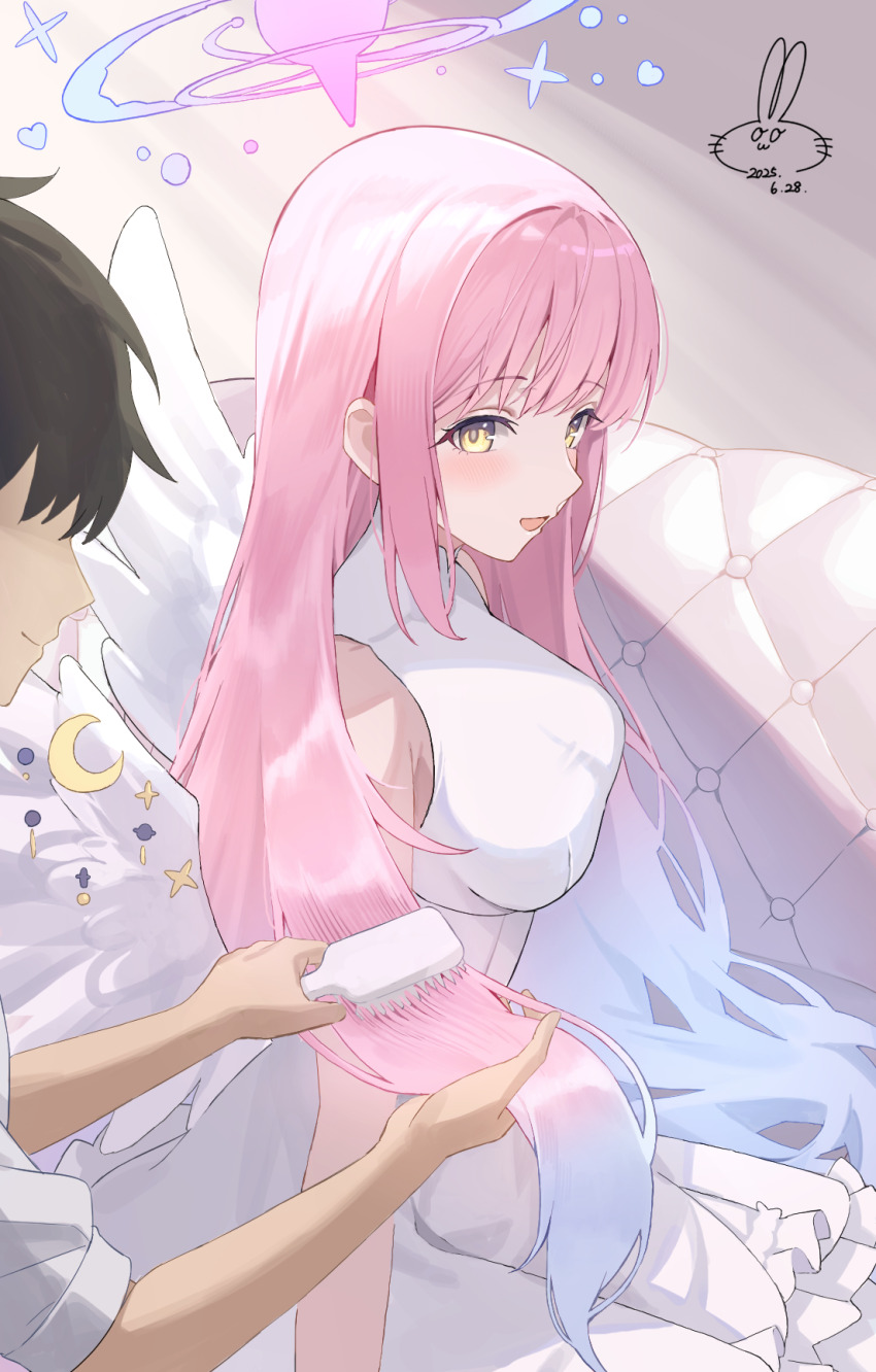 1boy 1girl awa_(awao141) black_hair blue_archive blush breasts brushing_hair closed_mouth dress feathered_wings hair_brush highres holding holding_hair_brush long_hair mika_(blue_archive) no_eyes open_mouth pink_hair shaded_face shirt short_hair sidelocks sleeveless sleeveless_dress sleeves_rolled_up smile white_dress white_shirt wings yellow_eyes