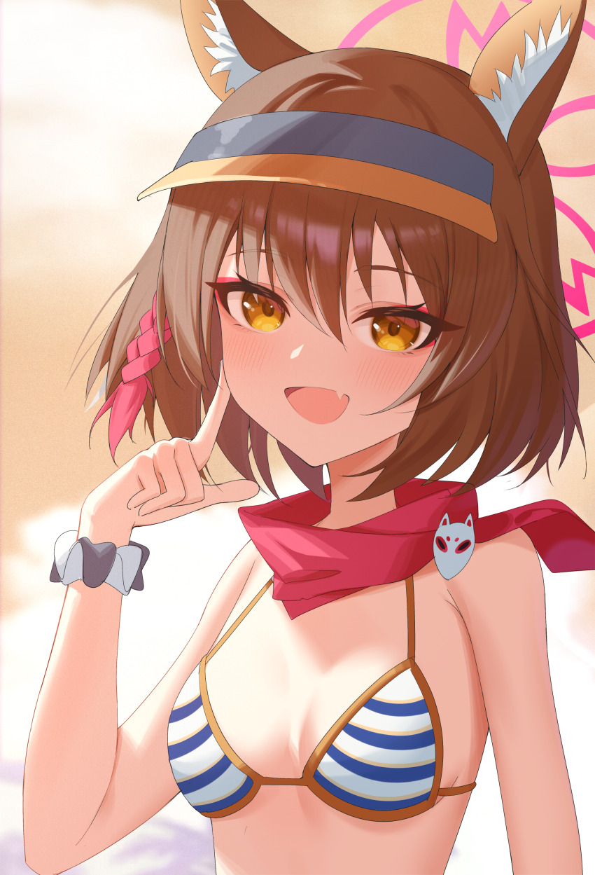 1girl absurdres animal_ear_fluff animal_ears bare_shoulders bikini blue_archive breasts brown_hair commentary eyeshadow fang finger_to_cheek fox_ears halo highres izuna_(blue_archive) izuna_(swimsuit)_(blue_archive) jei_(user_tckk7448) looking_at_viewer makeup official_alternate_costume open_mouth pink_eyeshadow pink_halo pink_scarf scarf scrunchie short_hair skin_fang small_breasts smile solo striped_bikini striped_clothes swimsuit upper_body visor_cap wrist_scrunchie yellow_eyes