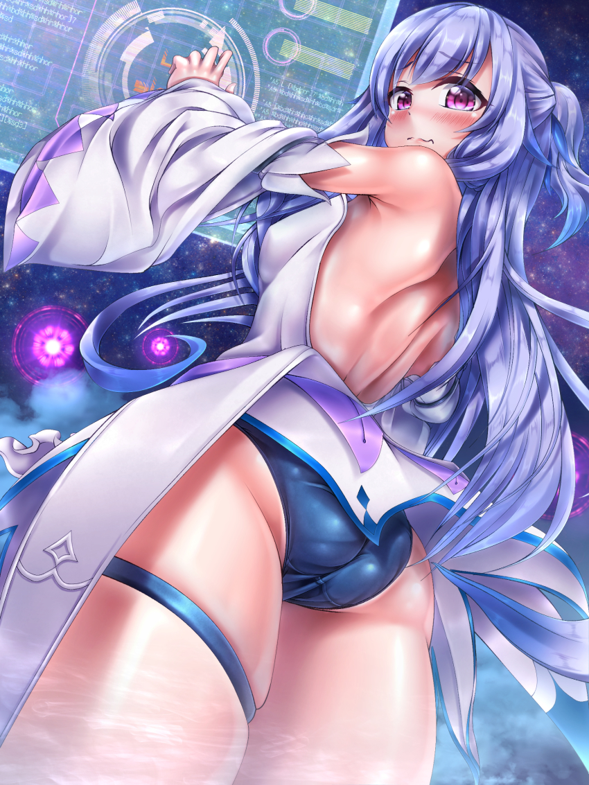 1girl absurdres ass backless_dress backless_outfit blue_hair blue_panties character_request closed_mouth commentary commentary_request cowboy_shot derivative_work detached_sleeves display dress embarrassed female_focus from_behind from_below frown half_updo high_ponytail highres jewelry long_hair looking_at_viewer looking_back oooqqq panties pantyshot ponytail purple_eyes raised_eyebrows school_girl_strikers shiny_skin solo standing thighlet underwear upskirt white_dress white_sleeves