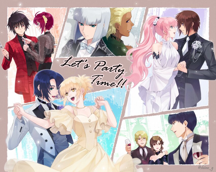 4girls 6+boys 7sino absurdres ahoge arnold_neumann athrun_zala bare_shoulders black_hair black_suit blonde_hair blue_eyes blue_hair breasts brown_eyes brown_hair cagalli_yula_athha couple dark-skinned_male dark_skin dearka_elsman dress flower formal_clothes green_eyes gundam gundam_seed gundam_seed_freedom hair_flower hair_ornament hetero highres holding_hands kira_yamato lacus_clyne long_hair long_sleeves lunamaria_hawke mu_la_flaga multiple_boys multiple_girls murrue_ramius necktie open_mouth pink_hair ponytail purple_eyes red_eyes red_hair shinn_asuka shirt short_hair smile suit very_long_hair white_flower white_hair yellow_eyes yzak_joule