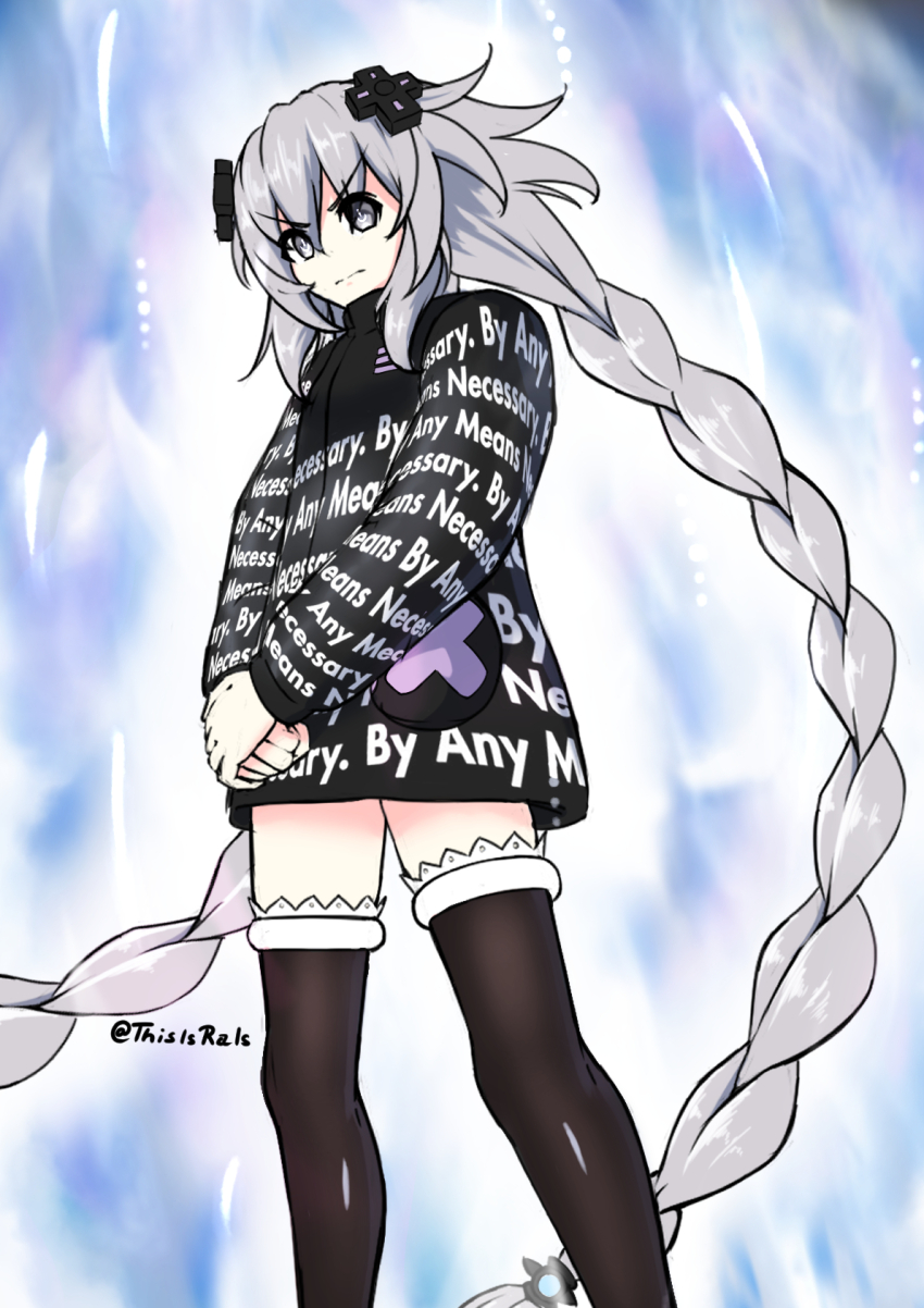 1girl artist_name aura black_hoodie black_socks closed_mouth d-pad d-pad_hair_ornament dragon_ball dragon_ball_super drip_(meme) grey_eyes grey_hair hair_ornament highres hood hoodie meme neptune_(neptunia) neptune_(series) power_symbol-shaped_pupils serious socks symbol-shaped_pupils thisisrals ultra_instinct white_hair