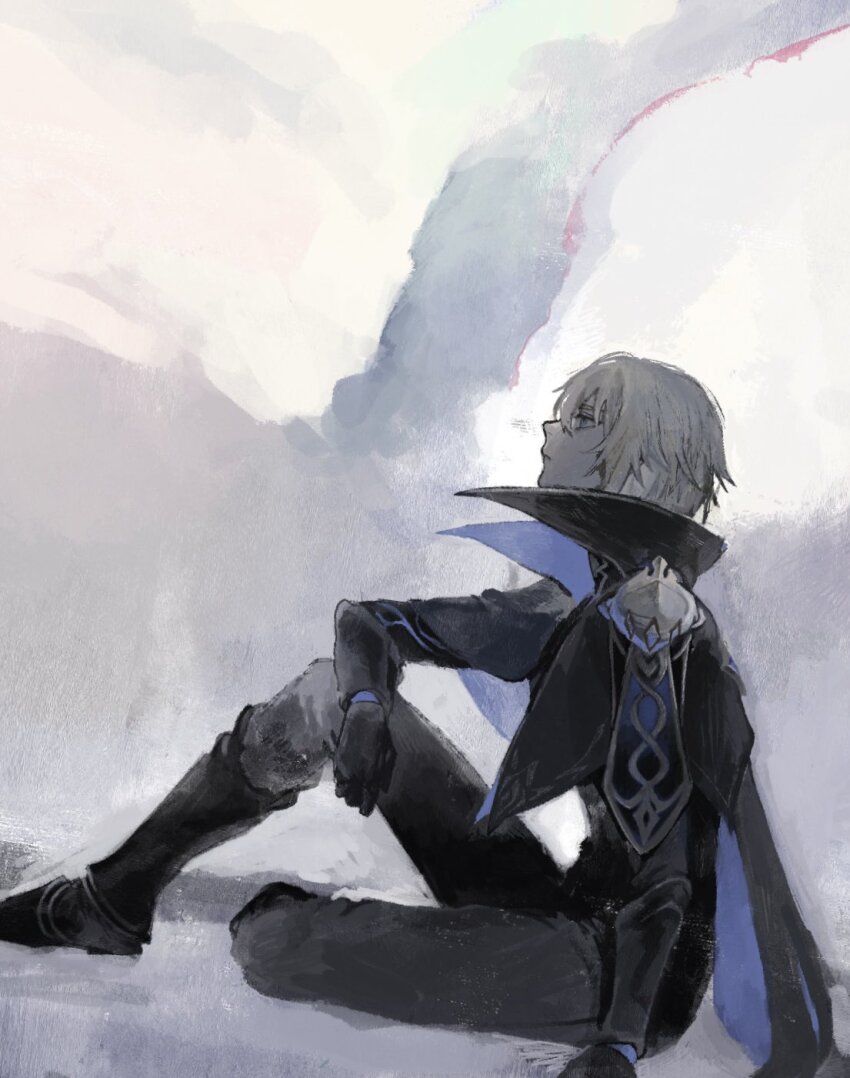 1boy black_coat black_footwear black_gloves black_pants blonde_hair blue_cape blue_eyes cape coat dainsleif_(genshin_impact) gauntlets genshin_impact gloves highres hollow_body kaimochi0839 looking_up male_focus pants solo
