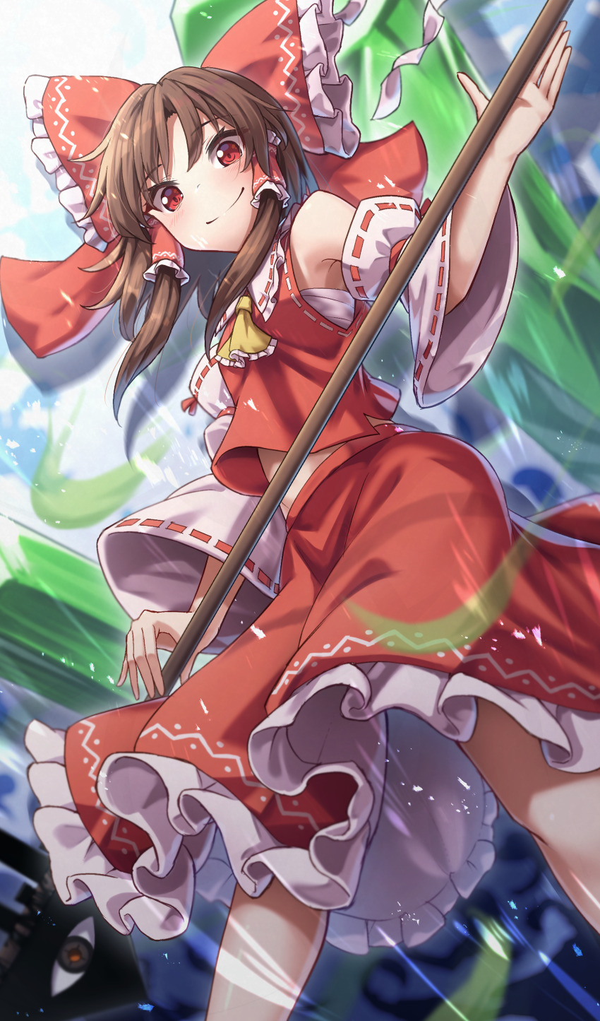 1girl absurdres ascot bow brown_hair chest_sarashi closed_mouth commentary_request crystal detached_sleeves fossilized_wonders frilled_bow frilled_hair_tubes frilled_skirt frills gohei hair_bow hair_tubes hakurei_reimu highres holding holding_gohei long_hair looking_at_viewer red_bow red_eyes red_skirt ribbon ribbon-trimmed_sleeves ribbon_trim sarashi skirt skirt_set smile solo touhou yellow_ascot yosshy