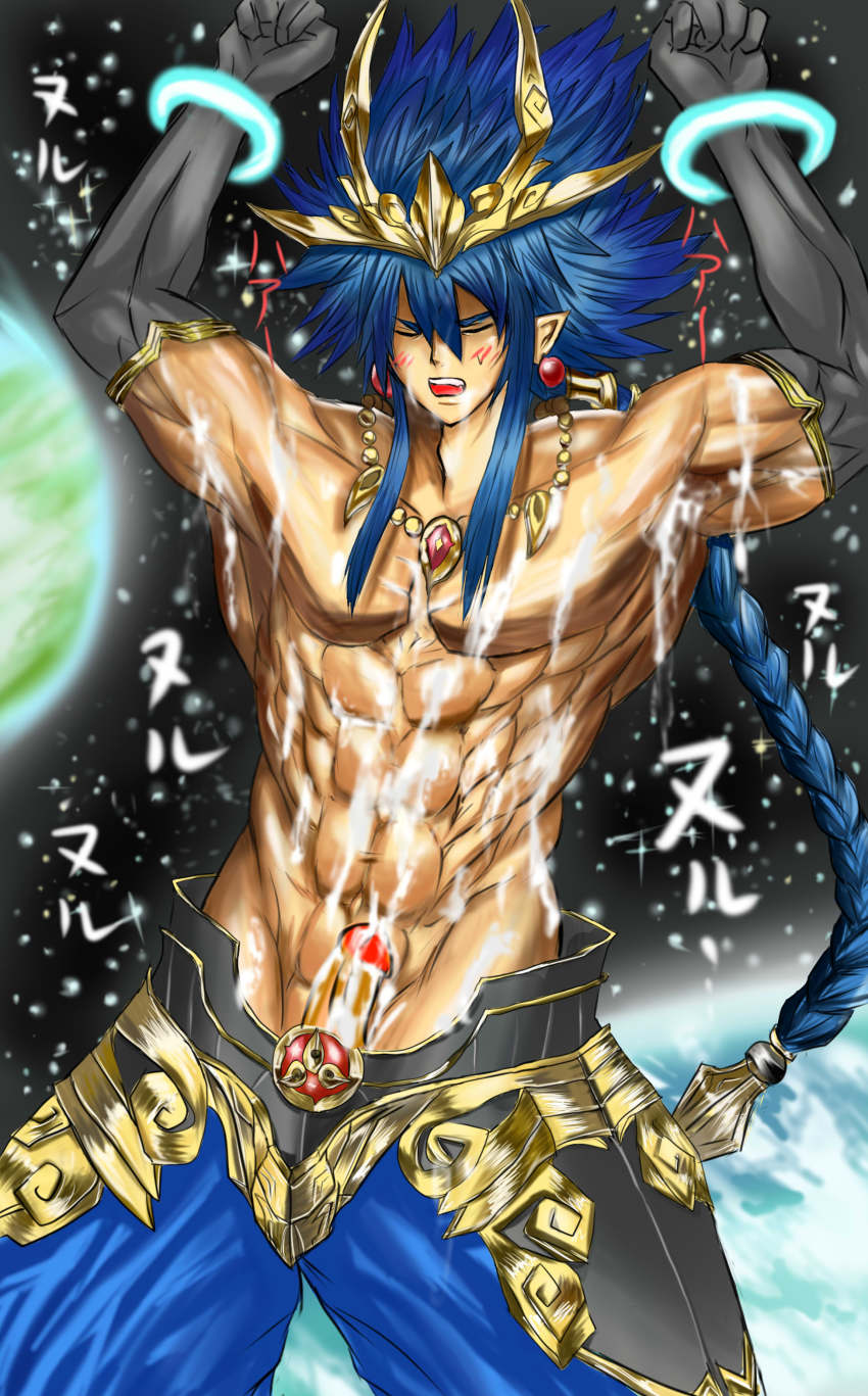 1boy absurdres blue_hair bracelet cho_aniki cho_aniki_zero cum highres idaten jewelry male_focus manly muscular penis solo