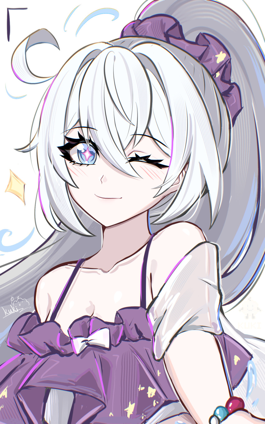 1girl ;) ahoge blue_eyes bracelet breasts cleavage collarbone commentary_request cutescookie high_ponytail highres honkai_(series) honkai_impact_3rd jewelry kiana_kaslana long_hair looking_at_another one_eye_closed ponytail purple_shirt shirt smile solo star-shaped_pupils star_(symbol) symbol-shaped_pupils upper_body very_long_hair white_background white_hair