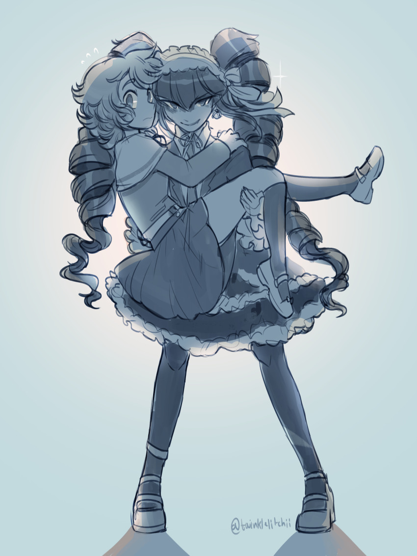 1boy 1girl absurdres carrying celestia_ludenberg closed_mouth danganronpa:_trigger_happy_havoc danganronpa_(series) drill_hair fujisaki_chihiro gradient_background grey_background highres jacket kneehighs long_sleeves looking_at_viewer necktie princess_carry shoes short_hair skirt smile socks thighhighs trap twin_drills twinklelitchii twintails