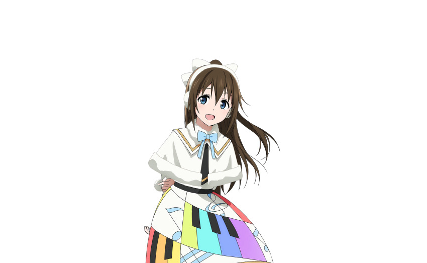 1girl aqua_ribbon arms_behind_back blue_eyes blush bow brown_hair capelet colorful_dreams!_colorful_smiles!_(love_live!) cowboy_shot dress earmuffs fur-trimmed_capelet fur-trimmed_collar fur_trim hair_between_eyes hair_bow highres long_hair looking_at_viewer love_live! love_live!_nijigasaki_high_school_idol_club love_live!_school_idol_festival_2 musical_note musical_note_print neck_ribbon official_art open_mouth osaka_shizuku piano_print rainbow_print ribbon sidelocks smile solo standing transparent_background white_capelet white_dress white_ribbon