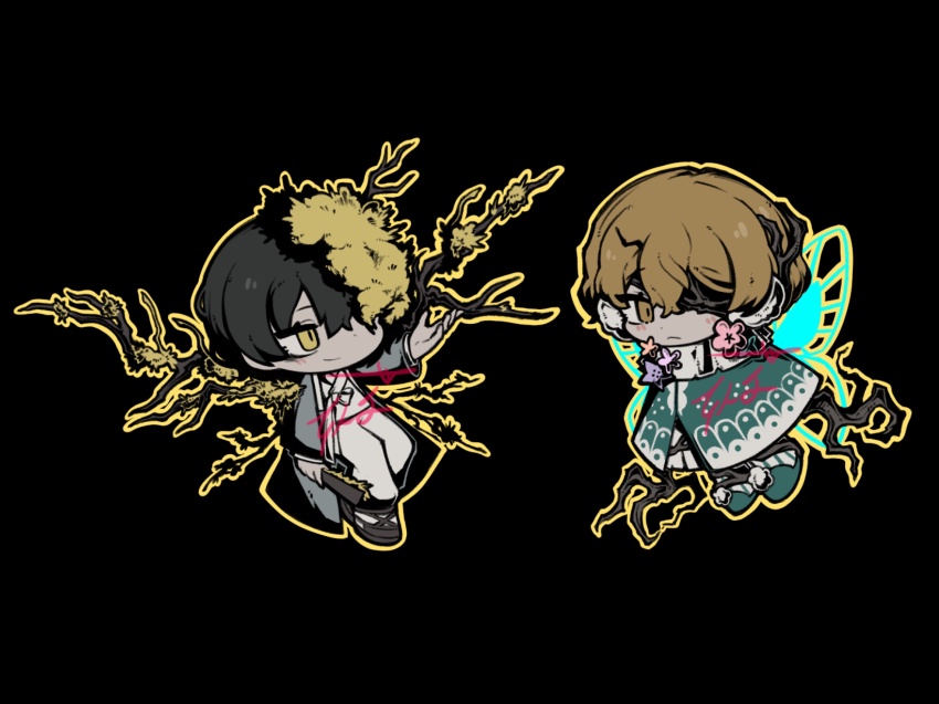 2boys black_background blonde_hair branch cape closed_mouth e.g.o_(project_moon) fairy_wings flower full_body green_cape green_footwear highres lantern_(e.g.o) limbus_company looking_at_viewer looking_to_the_side multiple_boys project_moon simple_background sinclair_(project_moon) slippers smile spicebush_(e.g.o) wings yellow_eyes yellow_flower yi_sang_(project_moon) zeremi0102