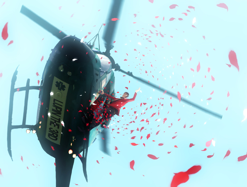 1boy aircraft arsene_lupin_iii bad_id bad_pixiv_id day faddawdle flower helicopter highres jacket lupin_iii male_focus necktie petals red_jacket sideburns sky solo tms_entertainment yellow_necktie
