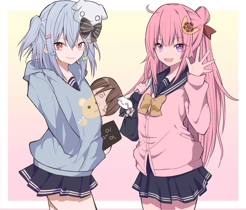 1boy 1girl absurdres ahoge black_bag black_bow black_sailor_collar black_skirt blue_hair blue_hoodie bow bowtie card cardigan closed_mouth commentary_request cowboy_shot fang gradient_background hair_between_eyes hair_bow hair_ornament hairclip hand_in_pocket hand_up highres hood hood_down hoodie inuyama_tamaki kapuhedo_(caplico_77) long_hair long_sleeves looking_at_viewer medium_hair miniskirt noripro oda_nobuhime open_hand open_mouth orange_eyes pink_cardigan pink_hair playing_card pleated_skirt ponytail project_upd8 purple_eyes sailor_collar simple_background skin_fang skirt smile standing striped_bow trap very_long_hair virtual_youtuber waving yellow_background yellow_bow yellow_bowtie