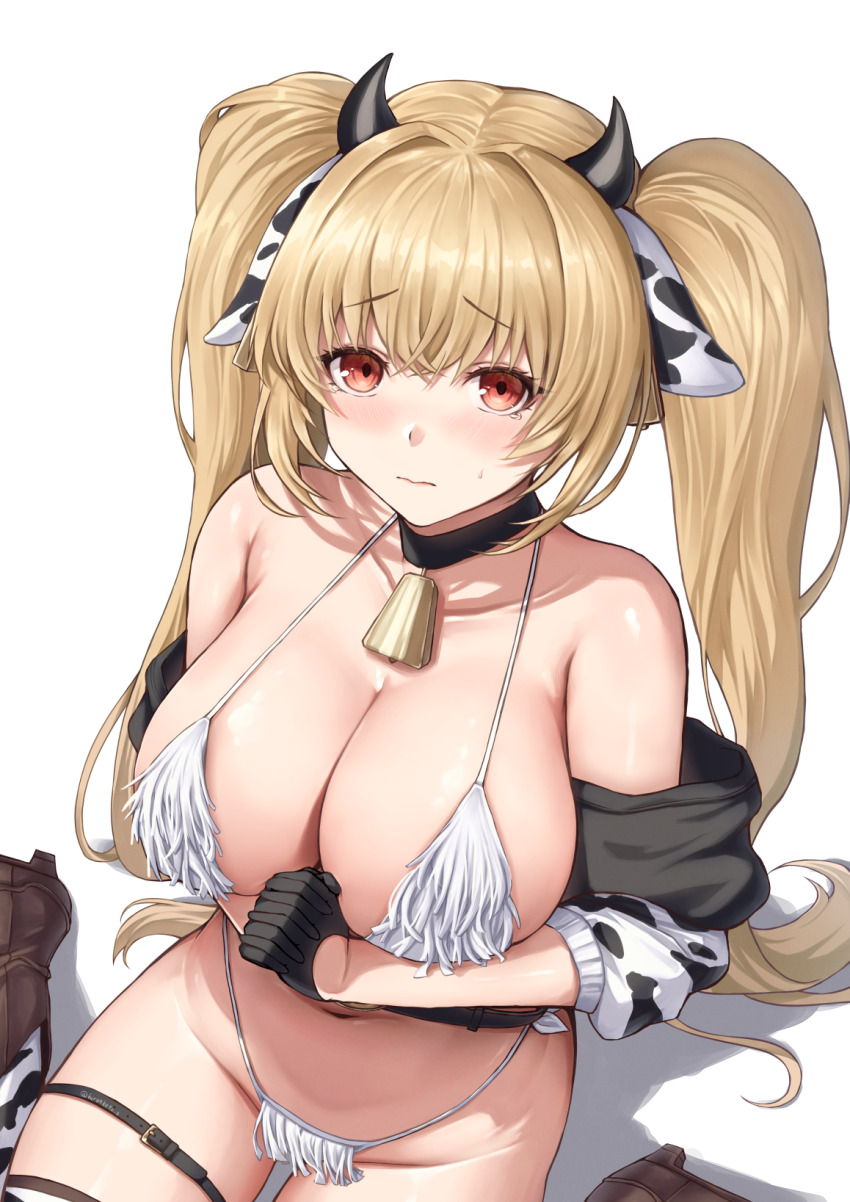 1girl animal_ears animal_print azur_lane bare_shoulders bell bikini black_gloves blonde_hair blush breasts buran_(22x) cleavage closed_mouth collarbone commentary_request cow_ears cow_horns cow_print cow_print_jacket cowbell from_above gloves highres horns jacket kersaint_(a_saint&#039;s_mercy_can_do_no_wrong)_(azur_lane) kersaint_(azur_lane) large_breasts long_hair looking_at_viewer navel off_shoulder official_alternate_costume open_clothes open_jacket own_hands_together red_eyes simple_background sitting solo stomach swimsuit twintails very_long_hair wariza white_background white_bikini