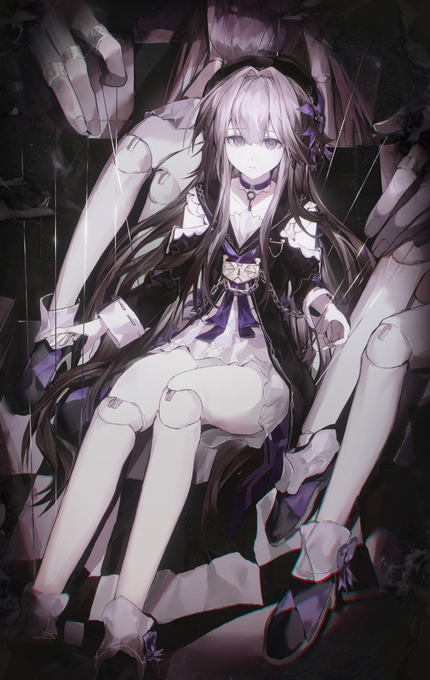 1girl absurdres black_dress black_hat black_shoes chain clothing_cutout collar commentary_request doll_joints dress full_body grey_hair hair_intakes hat herta_(honkai:_star_rail) highres honkai:_star_rail honkai_(series) jewelry joints key lock long_hair long_sleeves looking_at_viewer parted_lips puppet_rings puppet_strings purple_collar purple_eyes ring shoes shoulder_cutout sitting socks solo two-tone_dress vignetting white_dress white_socks zadun