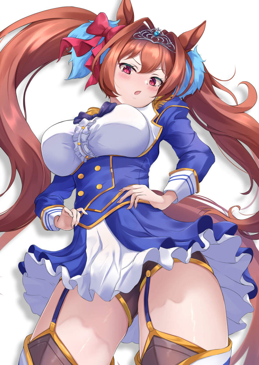 1girl absurdres animal_ears bow breasts brown_thighhighs commentary_request daiwa_scarlet_(umamusume) garter_straps hair_bow highres horse_ears horse_girl horse_tail large_breasts maimuu red_bow red_eyes simple_background solo standing tail thighhighs thighs tiara twintails umamusume white_background