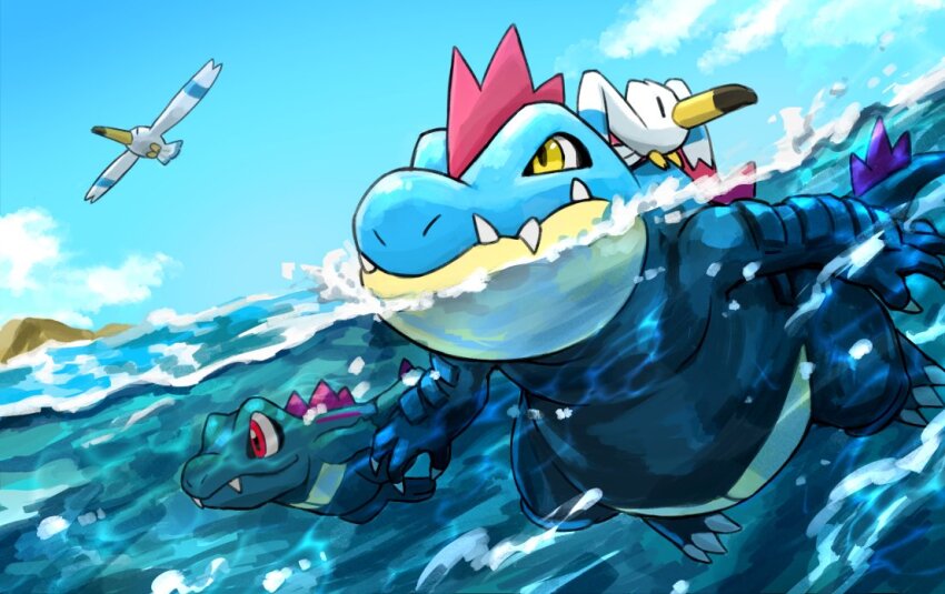 afloat claws cloud commentary_request day feraligatr gen_2_pokemon gen_3_pokemon nintendo no_humans outdoors partially_underwater_shot pokemon pokemon_(creature) riding riding_pokemon sagemaru-br sky totodile water wingull