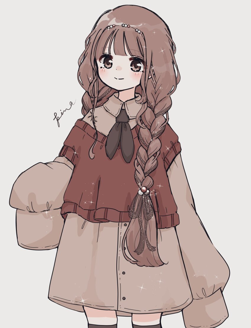 1girl black_neckerchief black_thighhighs blush braid brown_dress brown_eyes brown_hair brown_sweater_vest closed_mouth collared_dress commentary_request cowboy_shot dress grey_background highres long_hair long_sleeves neckerchief original pinartroom simple_background sleeves_past_fingers sleeves_past_wrists smile solo sparkle sweater_vest thighhighs twin_braids very_long_hair