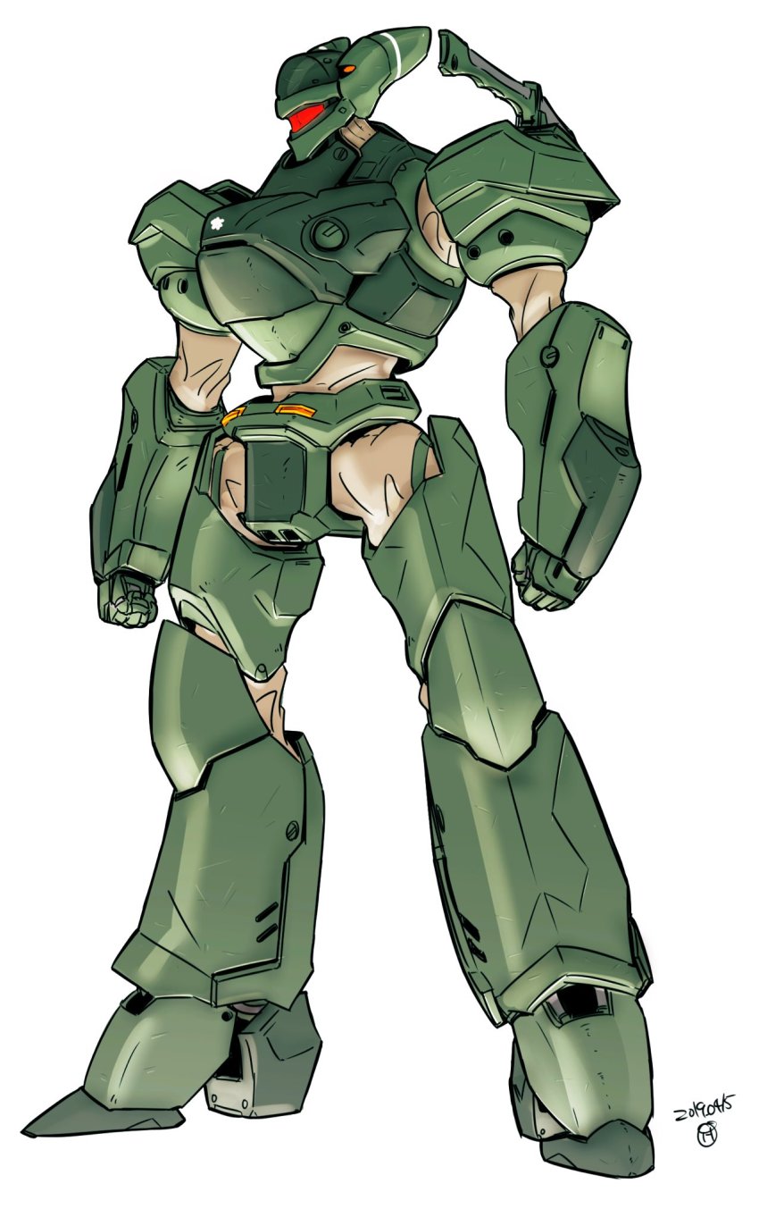 alternate_color clenched_hands dated highres kidou_keisatsu_patlabor knife mecha moi_moi7 no_humans robot solo standing type_j-9_griffon visor white_background