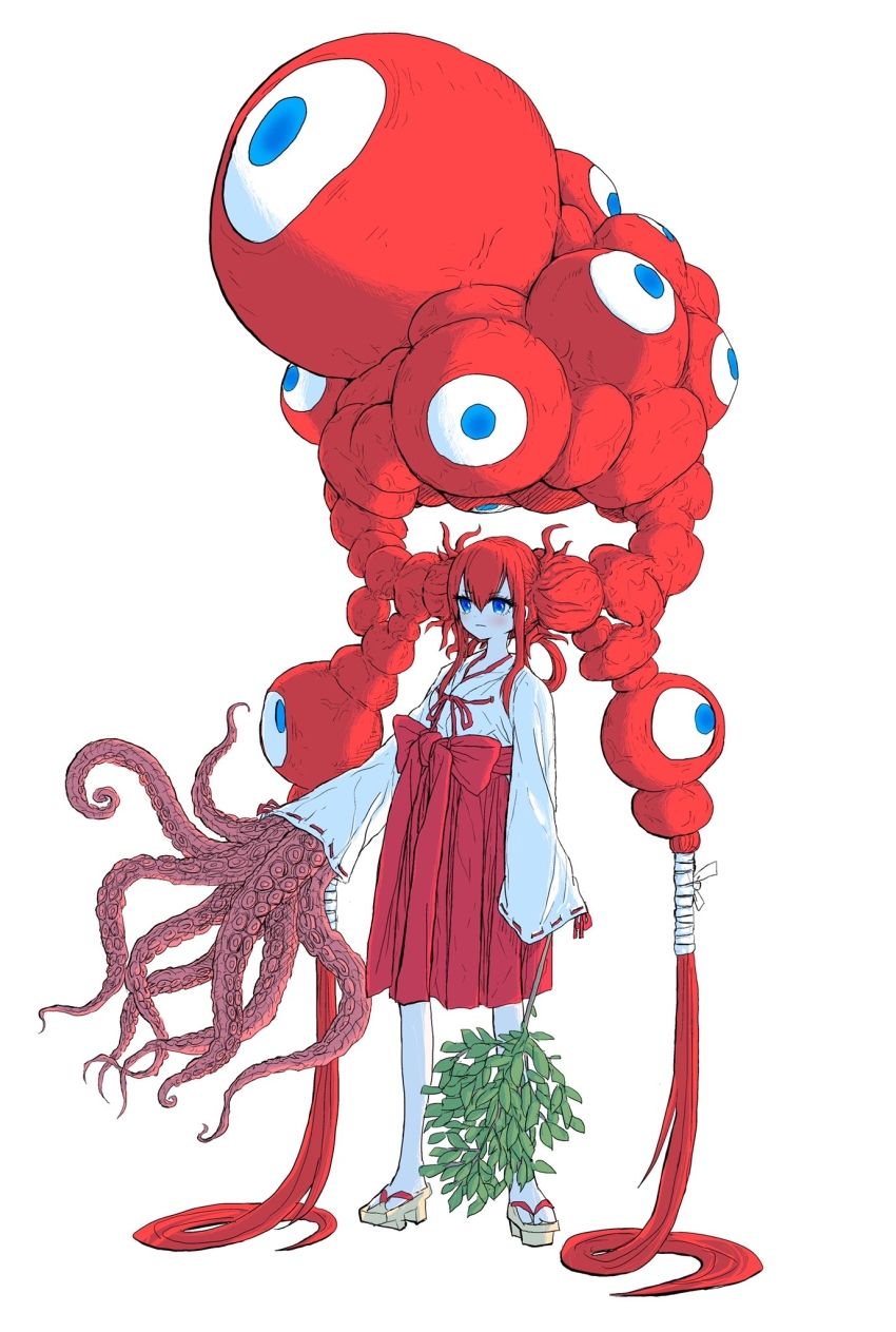 1girl blue_eyes blush branch closed_mouth expo2025 eyelashes full_body highres holding holding_branch japanese_clothes long_hair moria_(ruizu123456) myaku-myaku personification sandals simple_background socks tabi tentacle_arm tentacles twintails very_long_hair white_background white_socks