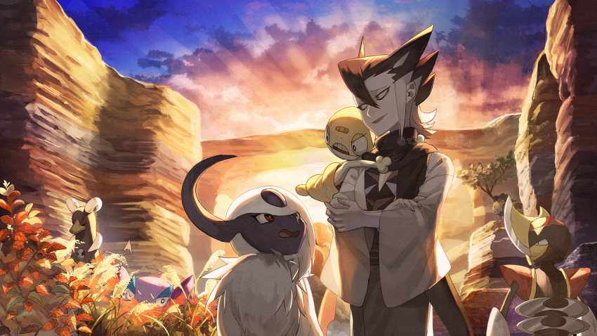 1boy absol bird bisharp cloud commentary_request drapion gen_2_pokemon gen_3_pokemon gen_4_pokemon gen_5_pokemon grey_hair grimsley_(pokemon) holding holding_pokemon honchkrow houndoom japanese_clothes kimono looking_down male_focus multicolored_hair nintendo outdoors pokemon pokemon_(creature) pokemon_sm scraggy short_hair sideburns sky smile spiked_hair wide_sleeves yamanashi_taiki