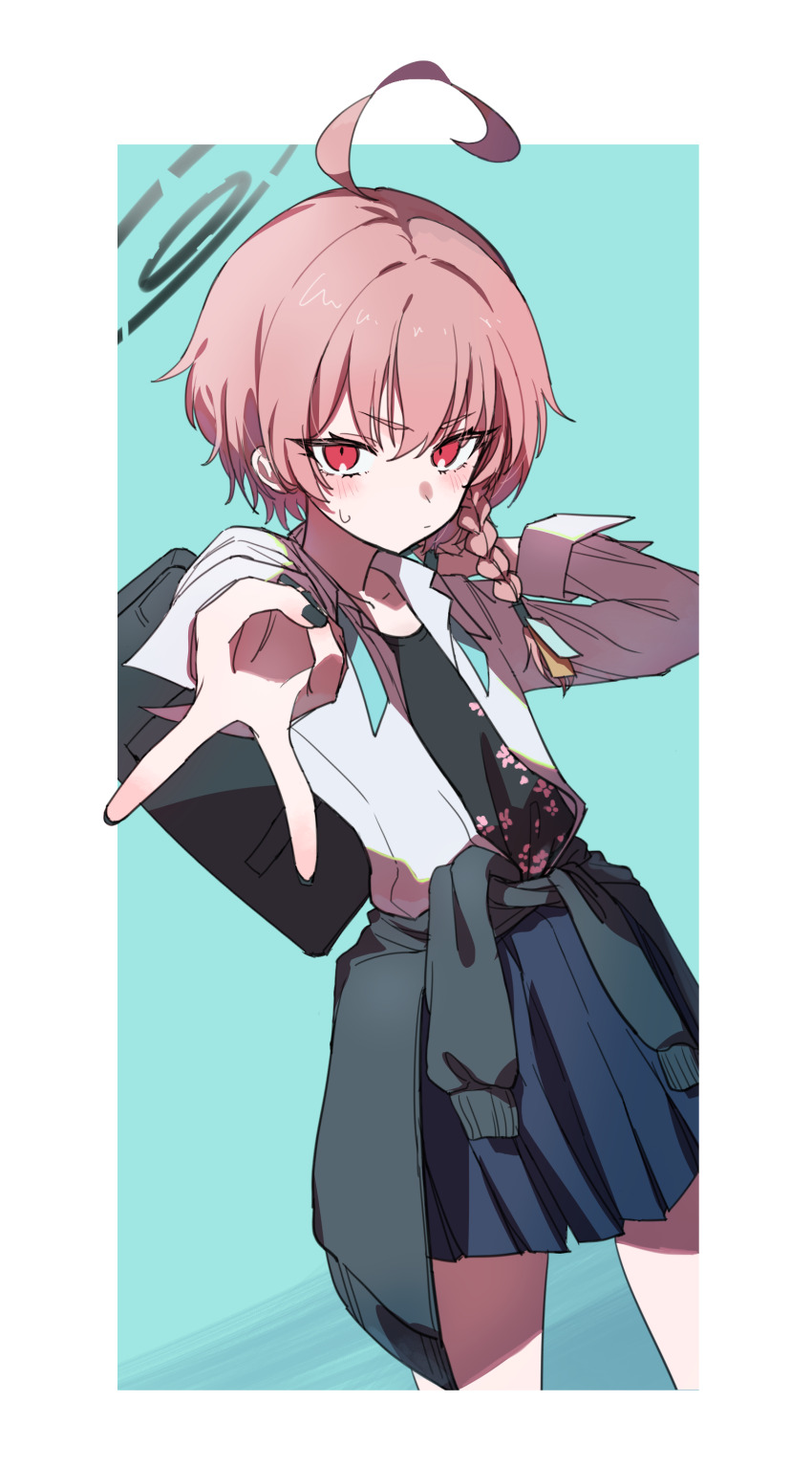 1girl absurdres ahoge bag black_cardigan black_skirt black_undershirt blue_archive blush border braid cardigan cardigan_around_waist clothes_around_waist foreshortening gyaru_v halo hattori_(omegamega1001) highres holding holding_bag looking_at_viewer neru_(blue_archive) neru_(school_uniform)_(blue_archive) pink_hair pleated_skirt red_eyes school_bag school_uniform shirt short_hair single_braid skirt solo v white_border white_shirt
