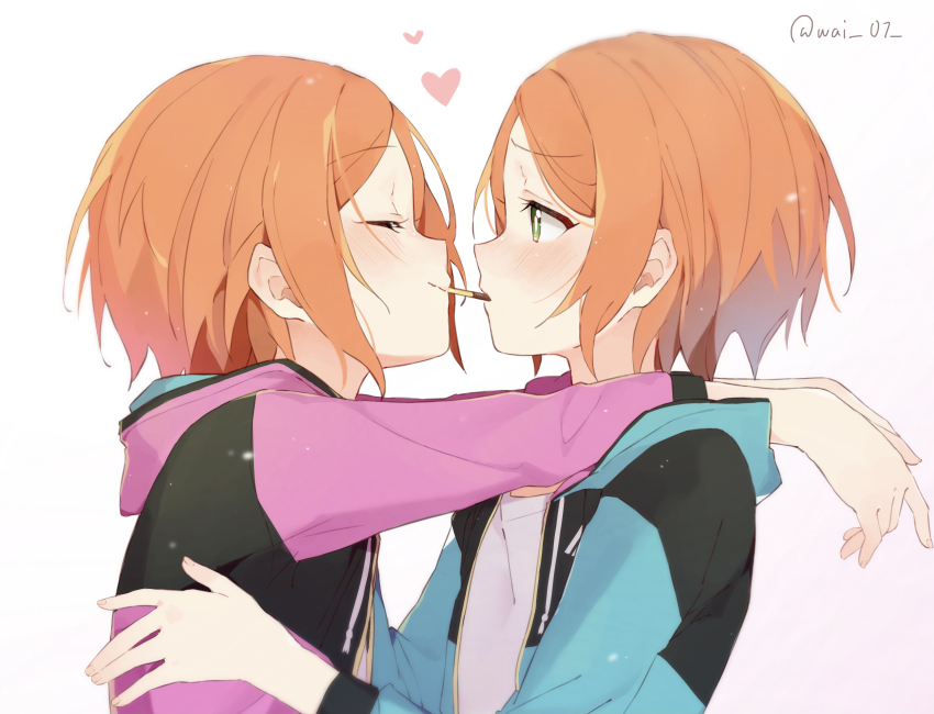 2boys 2wink_(ensemble_stars!) ^_^ absurdres aoi_hinata aoi_yuta aqua_jacket arms_around_neck blush closed_eyes commentary embarrassed ensemble_stars! face-to-face food green_eyes hand_on_another&#039;s_waist heart highres incest jacket looking_at_another male_focus multiple_boys orange_hair parted_bangs pink_jacket pocky pocky_kiss raised_inner_eyebrows shared_food shirt short_hair siblings track_jacket twins upper_body wai_01 white_shirt yaoi