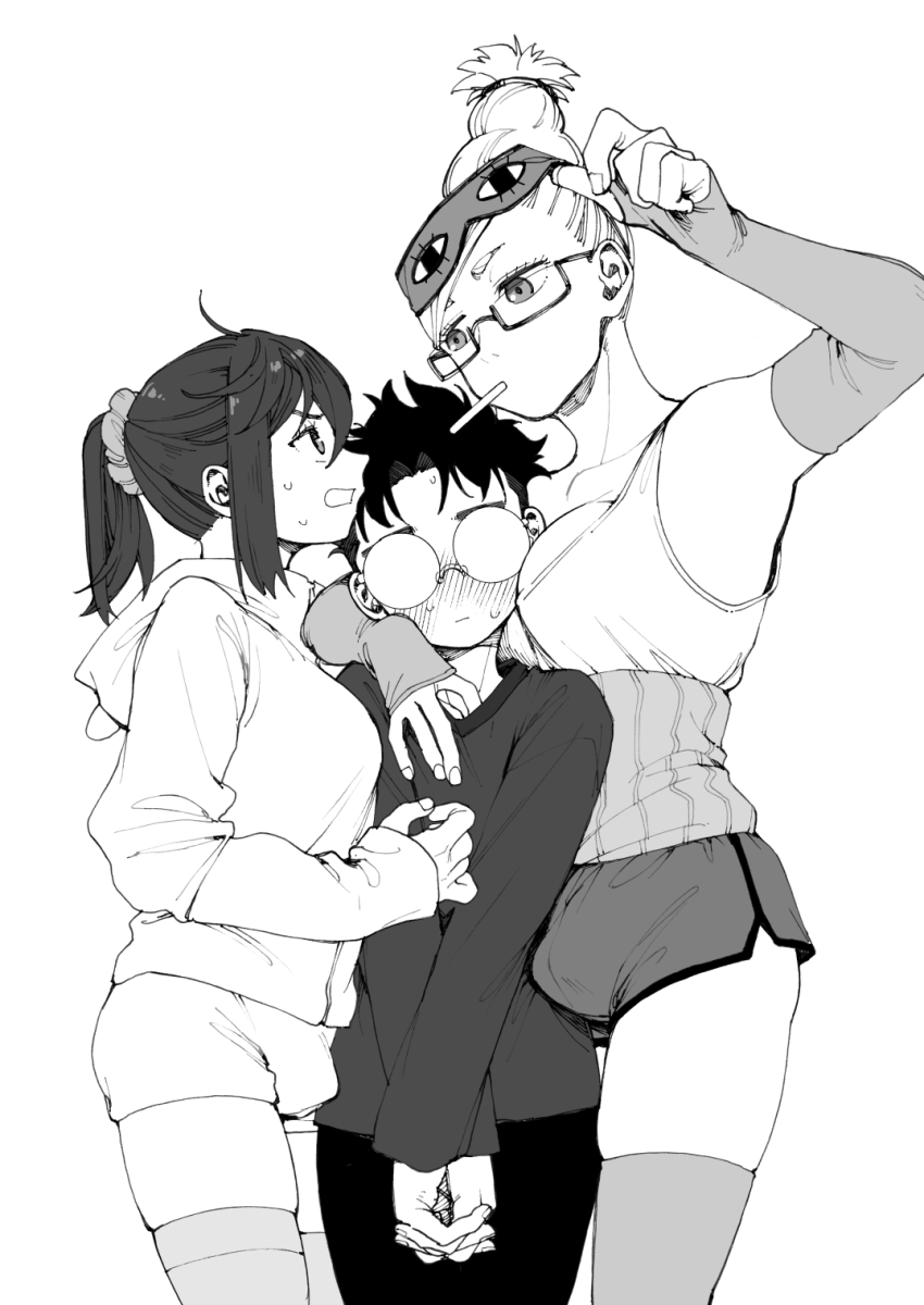 1boy 2futa ayase_momo ayase_seiko beehive_hairdo blush breasts bulge cleavage dandadan futanari girl_sandwich glasses greyscale hair_between_eyes highres hood hood_down hoodie large_breasts medium_breasts monochrome mouth_hold multiple_futa nose_blush opaque_glasses open_mouth ponytail poo_(pitind) sandwiched scrunchie shirt short_shorts shorts simple_background sweat takakura_ken_(dandadan) thighhighs