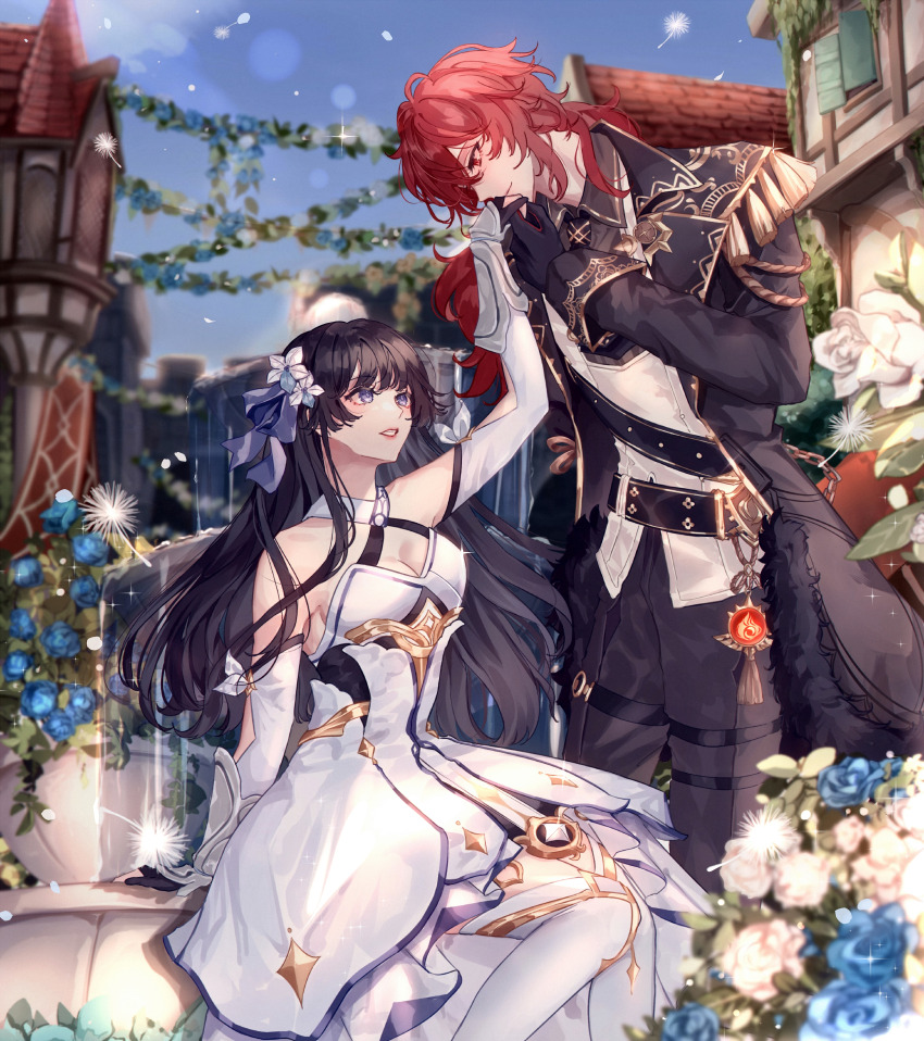 1boy 1girl absurdres abyss_of_alyss arm_armor arm_up bare_shoulders black_coat black_gloves black_hair black_necktie black_pants black_shirt blue_flower blue_sky blurry blurry_background boots breasts building cleavage closed_mouth coat collared_shirt commission cosplay couple day detached_sleeves diluc_(genshin_impact) dress european_architecture feet_out_of_frame flower fountain fur-trimmed_coat fur_trim genshin_impact gloves hair_flower hair_ornament hair_ribbon hetero highres holding_hands kiss kissing_hand koharu_(sharkoharu) lipstick long_hair long_sleeves looking_at_another looking_down looking_up low_ponytail lumine_(genshin_impact) lumine_(genshin_impact)_(cosplay) makeup medium_breasts mondstadt_city necktie original outdoors pants parted_lips partially_fingerless_gloves ponytail purple_eyes pyro_symbol_(genshin_impact) red_eyes red_hair red_lips ribbon second-party_source shirt sitting sky standing thigh_boots vest vgen_commission vision_(genshin_impact) white_boots white_dress white_flower white_vest
