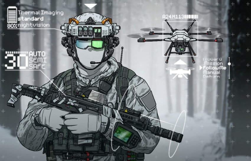 1other assault_rifle baklava battery_indicator copyright_request drone forest gloves gun heads-up_display helmet holding holding_gun holding_weapon load_bearing_vest military_combat_uniform military_uniform mk117 nature pointing_out_the_details quadcopter rifle solo tape tree upper_body user_interface weapon white_gloves white_mask winter