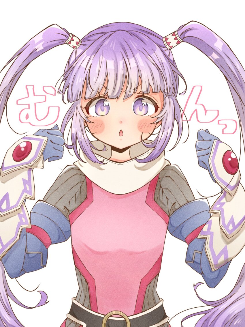 1girl :o arms_up commentary_request determined highres kazunokoumaa_(mymyabyss) looking_at_viewer purple_eyes purple_hair solo sophie_(tales) tales_of_(series) tales_of_graces translation_request twintails upper_body v-shaped_eyebrows