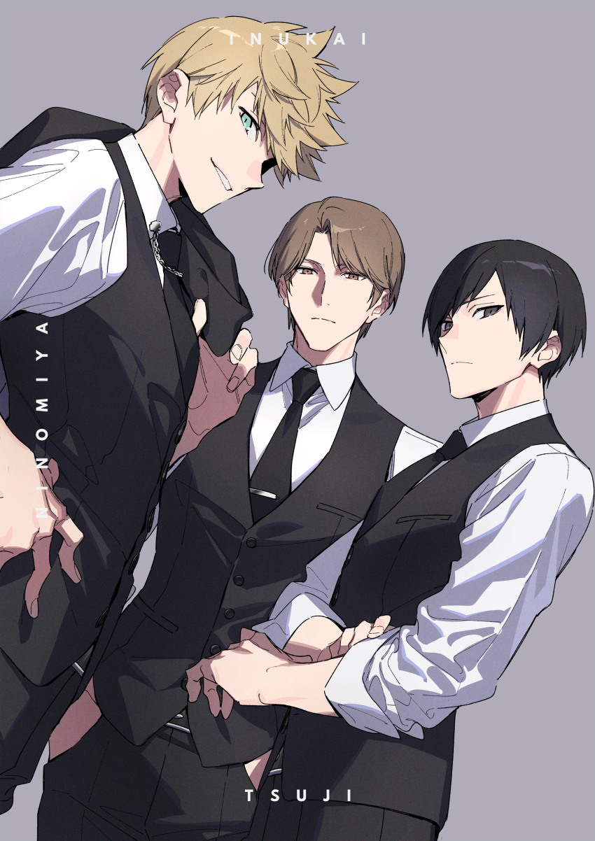 3boys absurdres black_eyes black_hair black_necktie black_pants black_vest blonde_hair blue_eyes brown_eyes brown_hair character_name closed_mouth collared_shirt cowboy_shot formal_clothes grey_background grin hand_on_own_hip hands_in_pockets highres holding holding_jacket holding_unworn_clothes inukai_sumiharu jacket looking_at_viewer male_focus multiple_boys necktie ninomiya_masataka over_shoulder pants shirt short_hair sleeves_rolled_up smile spiked_hair standing tsuji_shinnosuke unworn_jacket vest white_shirt world_trigger xia_(ryugo)