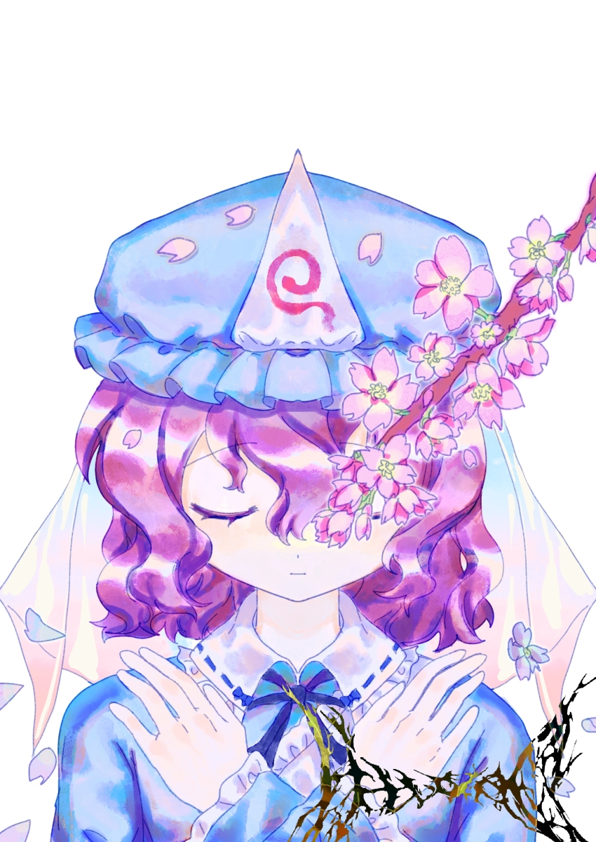 1girl absurdres bingkuaihei blue_hat blue_shirt branch cherry_blossoms chinese_commentary closed_eyes closed_mouth collared_shirt commentary_request crossed_wrists curly_hair falling_petals frilled_shirt_collar frilled_sleeves frills hat highres long_sleeves medium_hair mob_cap petals pink_hair portrait saigyouji_yuyuko shirt solo touhou triangular_headpiece watermark white_background