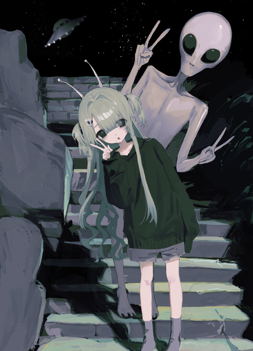 1girl absurdres alien alien_hair_ornament antennae black_eyes double_v grey_alien grey_shorts hand_up hands_up hayu_(hayu0305) highres hood hood_down hoodie leaning_to_the_side long_hair long_sleeves looking_at_viewer night original outdoors revision shorts stairs standing two_side_up ufo v