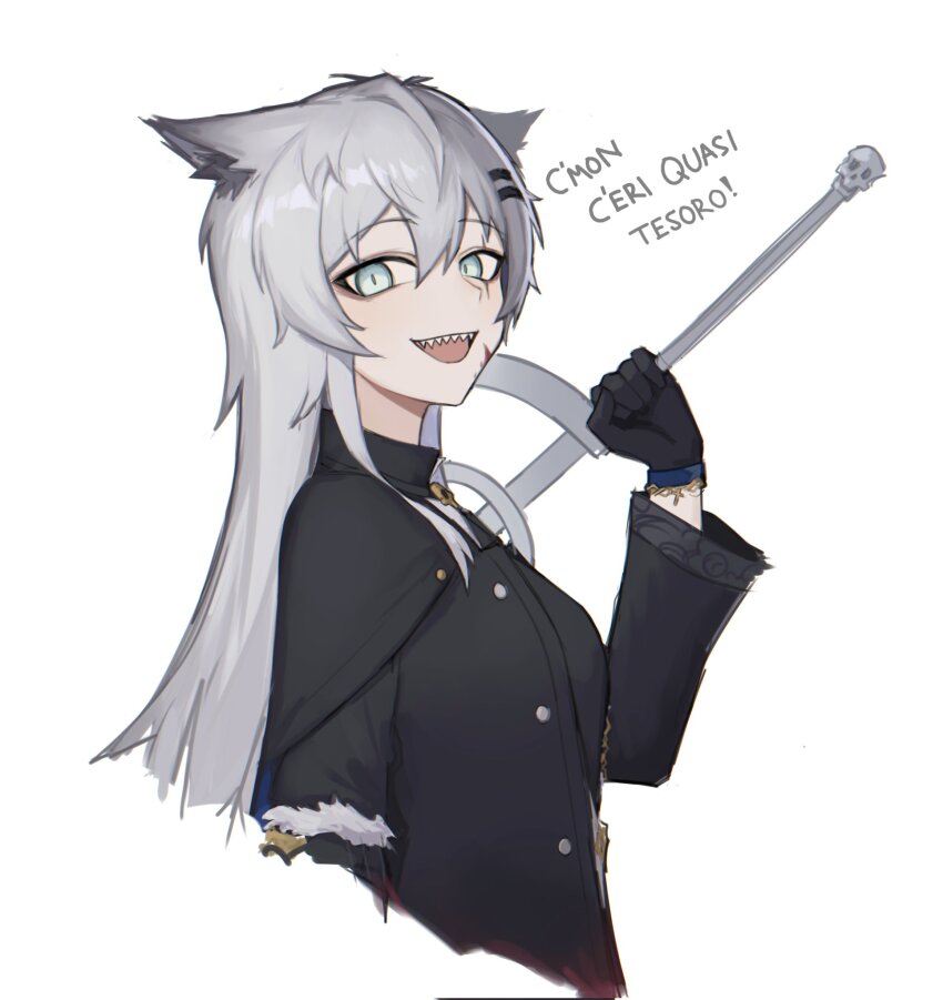1girl :d animal_ears aqua_eyes arknights bajigurr black_gloves black_jacket buttons commentary cropped_torso english_commentary facial_scar gloves grey_hair hair_between_eyes hair_ornament hairclip highres holding holding_weapon italian_text jacket lappland_(arknights) lappland_(refined_horrormare)_(arknights) long_hair long_sleeves looking_at_viewer official_alternate_costume open_mouth scar scar_across_eye scar_on_cheek scar_on_face sharp_teeth simple_background smile solo teeth translation_request upper_teeth_only weapon white_background wolf_ears wolf_girl