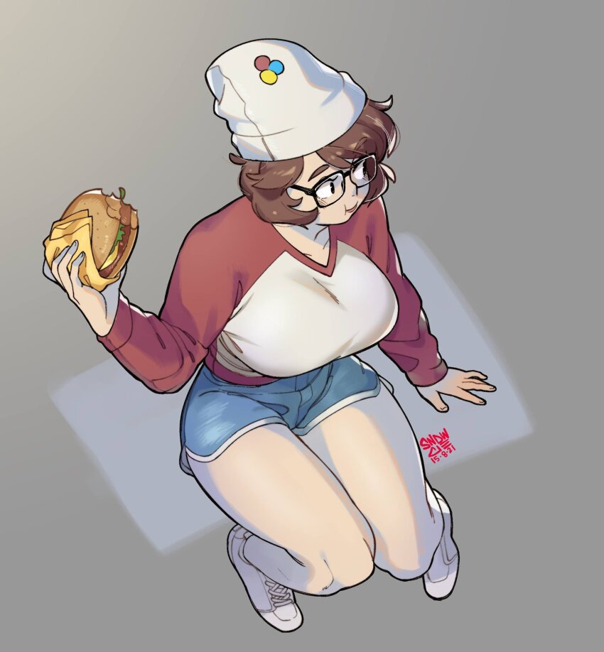 1girl artist_name beanie blue_shorts blush breasts brown_hair burger closed_mouth dated eating food from_above full_body glasses grey_background hand_up hat highres holding holding_burger holding_food large_breasts long_sleeves looking_to_the_side original rectangular_eyewear shirt shoes short_hair shorts simple_background snowcie snowciel_(snowcie) solo white_hat